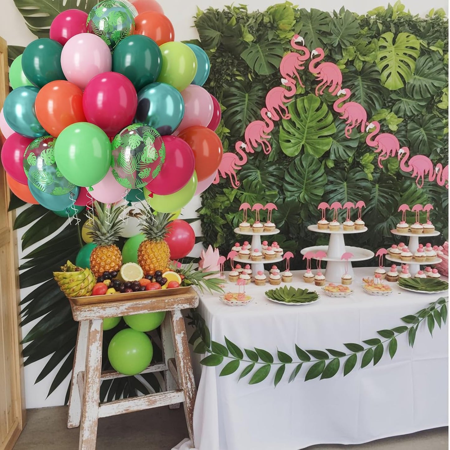 Tropical Balloons, 60 PCS Summer Hawaiian Balloons, Hot Pink Lime Green Orange Metallic Latex Balloon Palm Leaves Helium Party Balloon for Baby Shower Aloha Luau Beach Summer Party Decorations