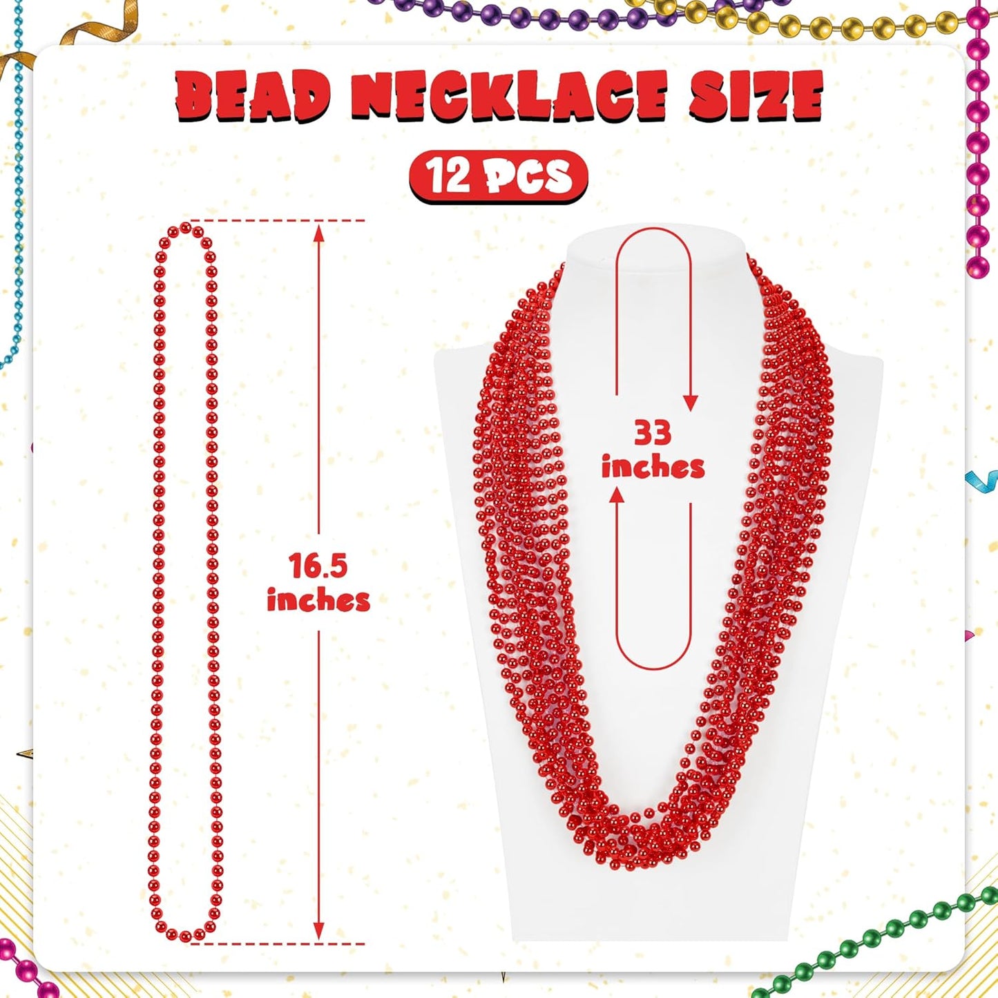 12 PCS Red Bead Necklace, 33" Red Christmas Beads Necklaces, 33" Carnival Beaded Stuff, Mardi Gras Beads Throws, Round Beads Necklaces for Mardi Gras Party Favors Christmas Celebrations Decorations