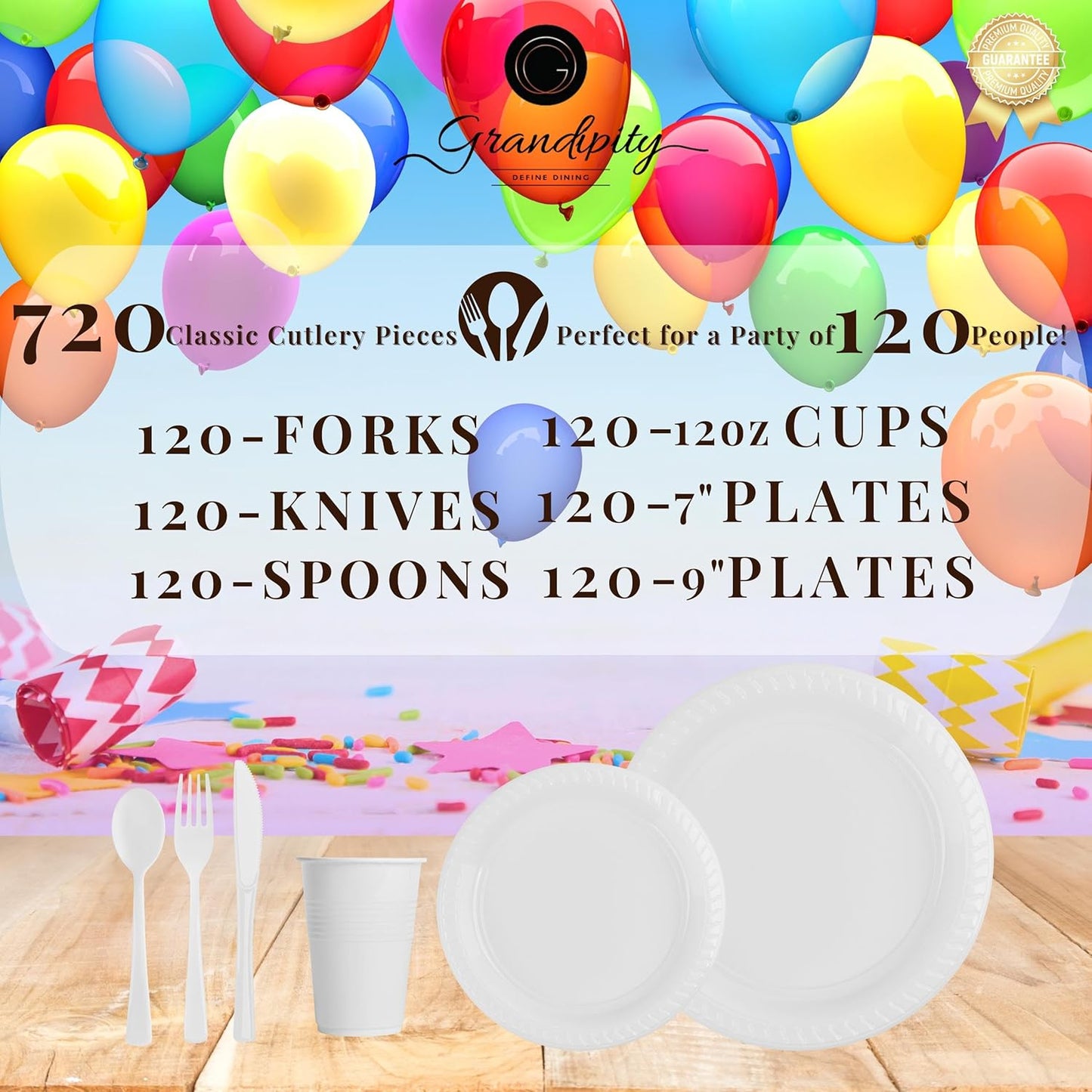 Grandipity 720 Piece White Disposable Dinnerware Set, Plastic Dinnerware Set Includes 120 Count 9' Dinner Plates, 7' Dessert Plates, 12oz Cups, Forks, Knives & Spoons