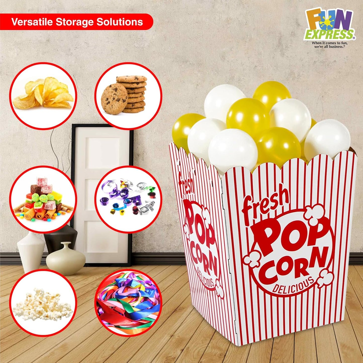 Fun Express Giant Popcorn Box Prop 3D Cardboard Stand-Up - Movie Night Decorations for Theater Party | Red & White Striped Design with Balloons | 37" Tall Movie Theme Party Supplies