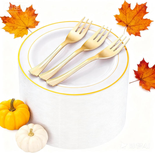 WELLIFE 120 PCS Plastic Dessert Plates and 120 PCS Forks, 6.3 inch Disposable Salad Plate, Premium White Appetizer Plates with Gold Rims Perfect for Parties, Weddings