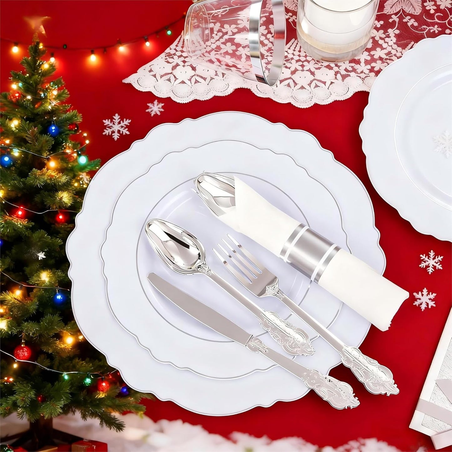 Liacere 350PCS Silver Plastic Plates-Disposable White and Silver Plates 50guest Baroque Plastic Dinnerware Set include 100Plates, 50Pack Pre Rolled Napkins with Silverware 50Cups Perfect for Christmas