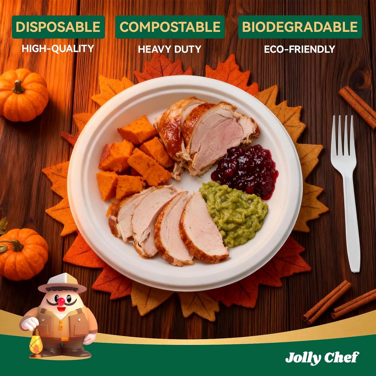 JOLLY CHEF Compostable Heavy Duty Plates 𝟭𝟬 𝗜𝗻𝗰𝗵 [𝟱𝟬𝟬 𝗣𝗮𝗰𝗸] Eco-Friendly Disposable White Paper Plates Made of Bagasse Biodegradable Bulk for Party Dinner Sugarcane Thanksgiving Day