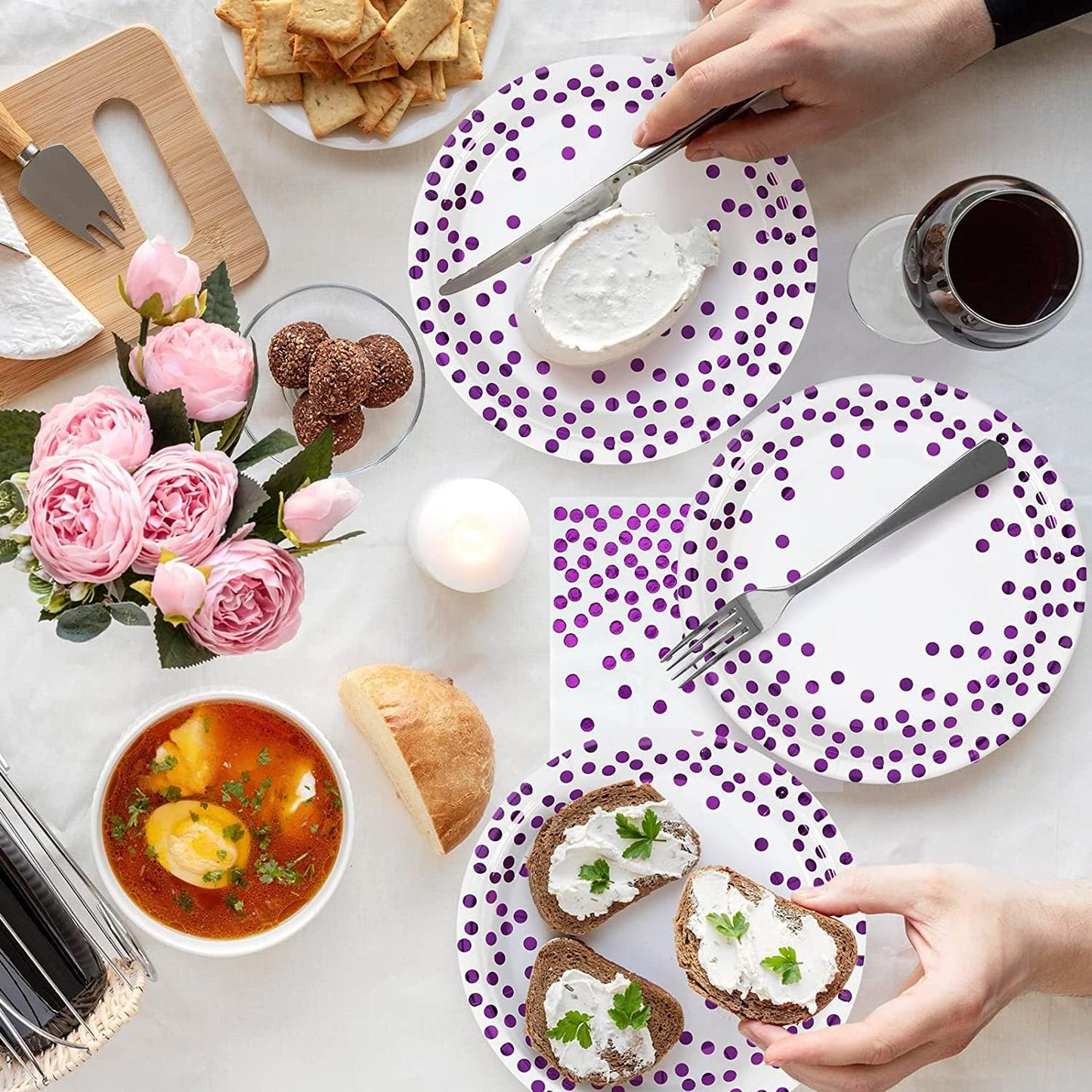 White Purple Paper Plates and Napkins-50 Pack-25 * 7" Paper Plates & 25 * 6.5" Napkins,Party Supplies for Birthdays Receptions and All Occasions