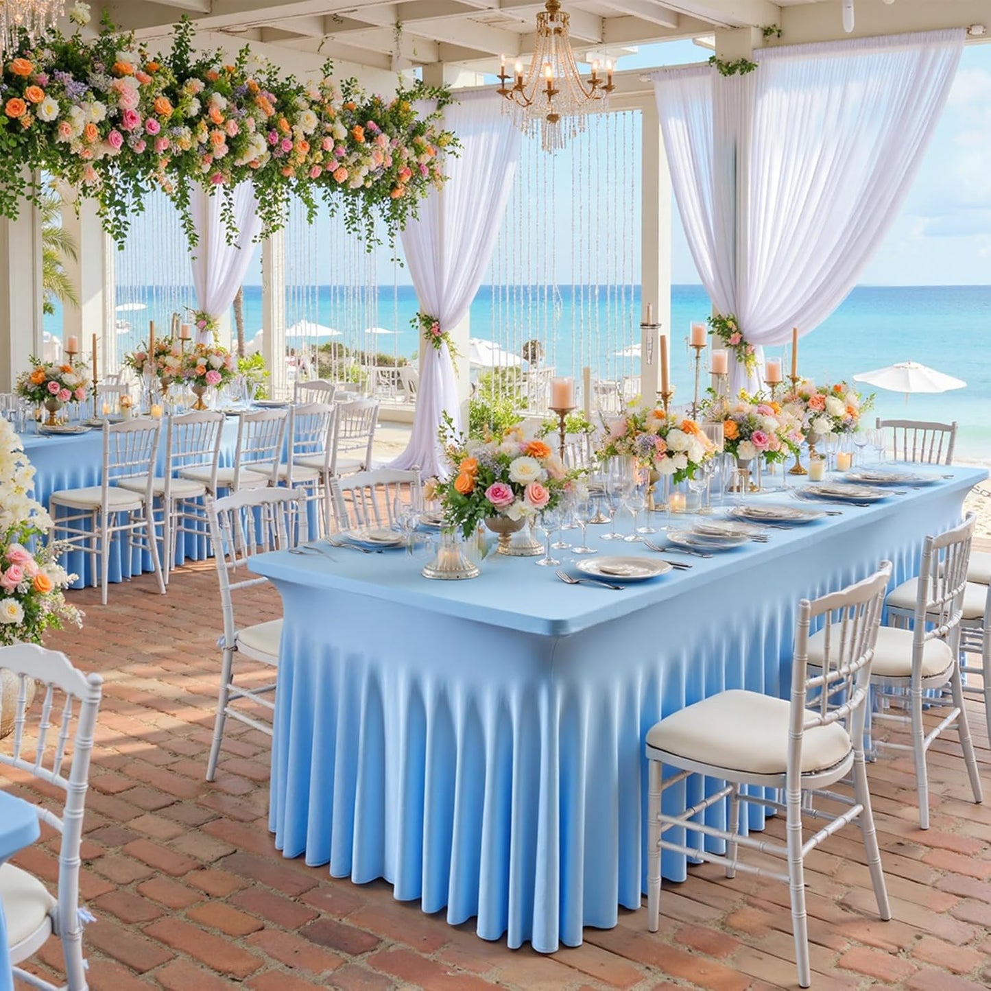 2 pk Baby Blue Spandex Tablecloth 6ft With Ruffle Table Skirt, Wrinkle Free Stretchy Fitted Tablecloths for 6 Foot Rectangle Tables, Elastic Spandex Table Covers for Weddings Parties Banquet Craft