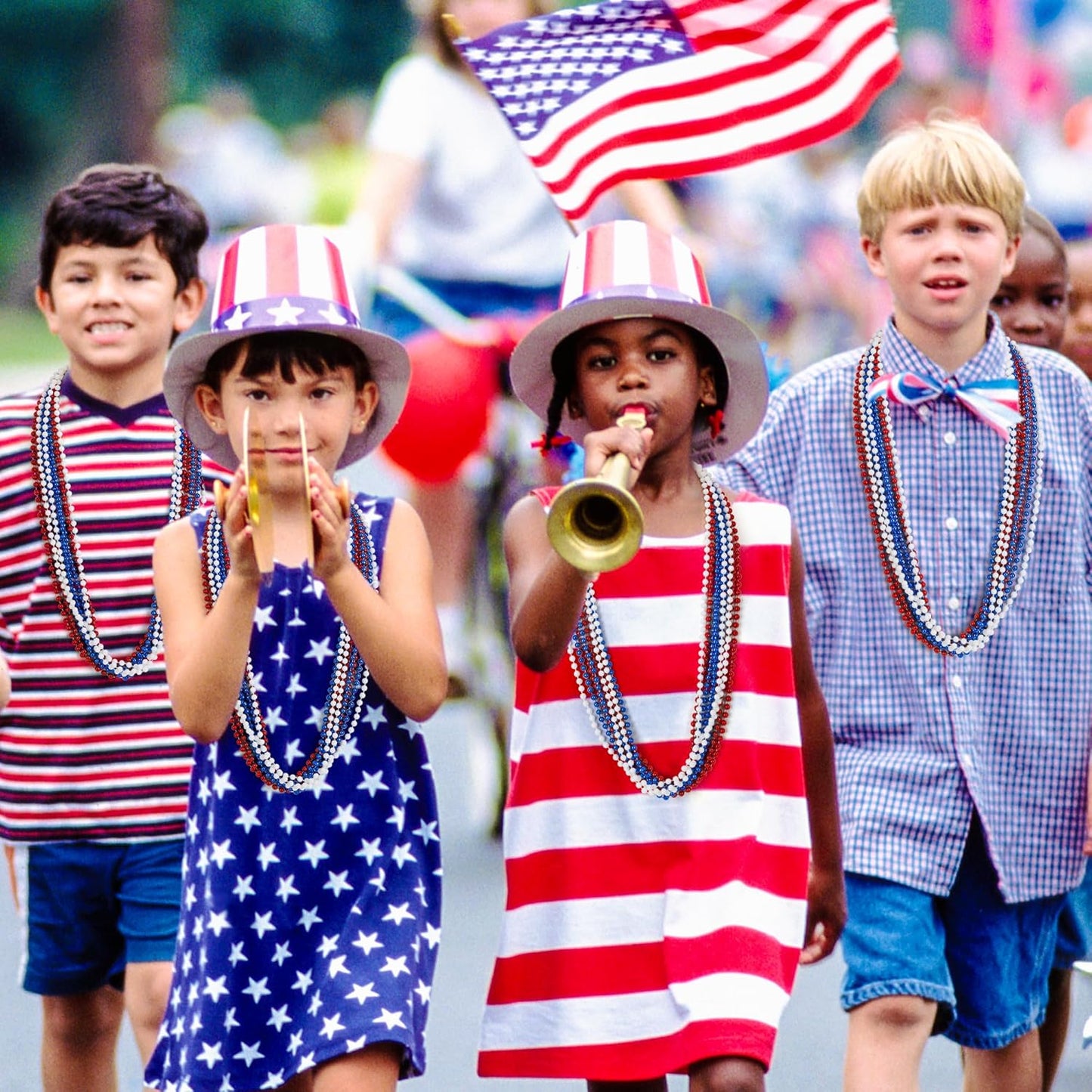4th of July Necklace Decorations, 30PCS 4th of July Beads Necklaces Accessories, Metallic Patriotic Independence Day Red Blue White Bulk, Beads Necklace for Memorial Day Patriotic Parades Party Favors