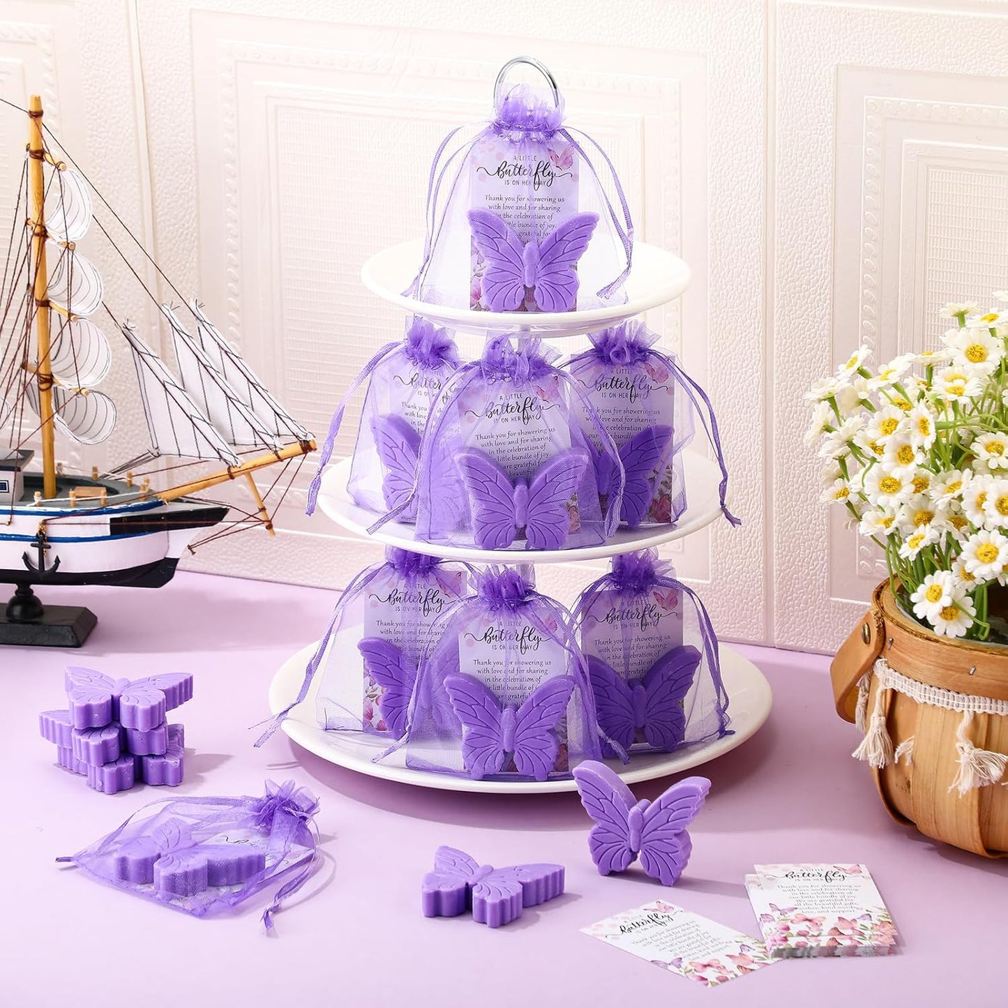50 Sets Butterfly Themed Baby Shower Favors Butterfly Soap with Thank You Cards Gift Bag for Guest Gender Reveal Party Decorations Baby Shower Game Prizes Wedding Favor(Purple)