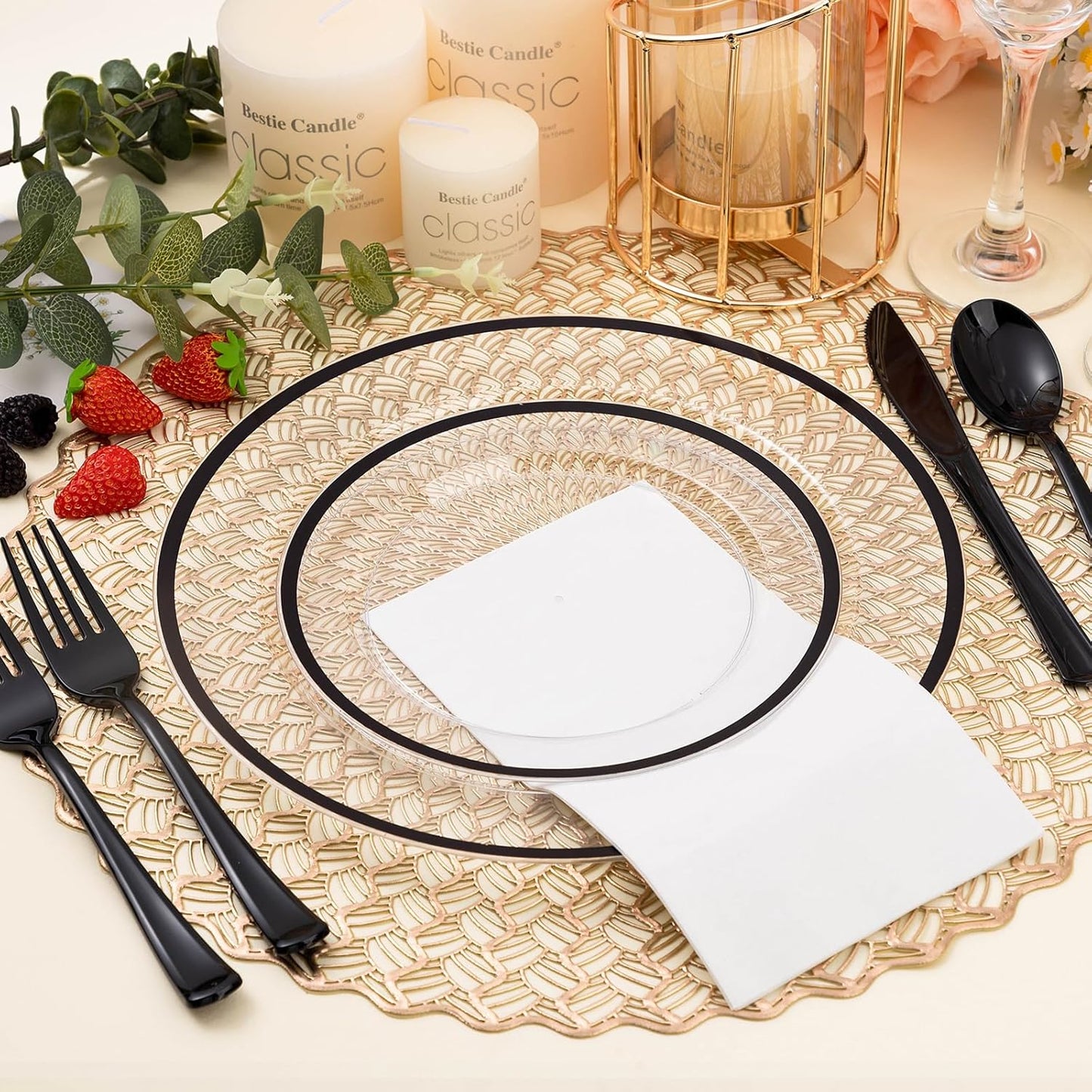 200PCS Black and Clear Plastic Plate, Black Disposable Plate Set with 100 Dinner Halloween Plates and 100 Dessert Plates for Party