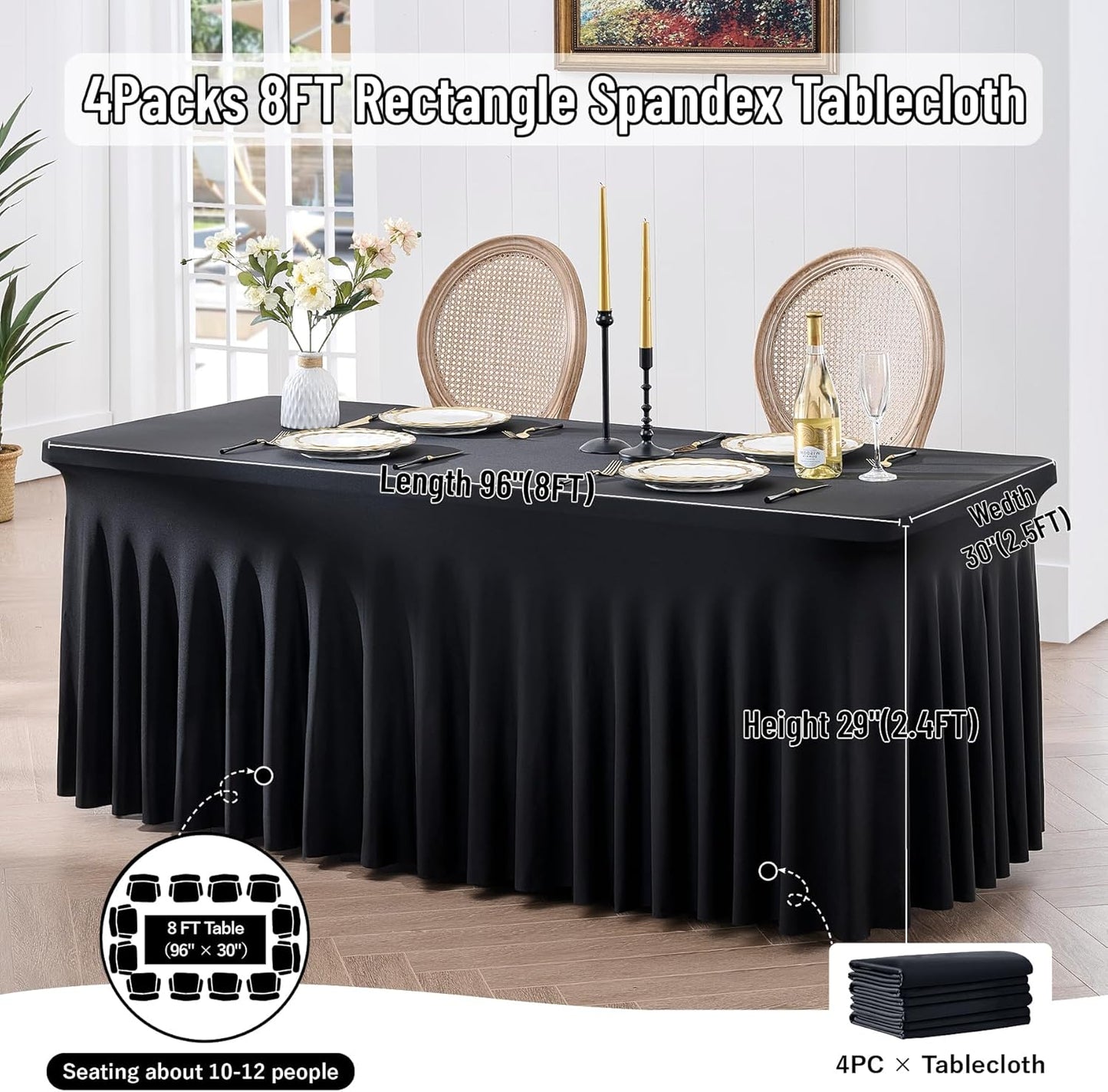 leegleri 4 Pack Black Spandex Tablecloths for 8 Foot Rectangle Tables, Wrinkle Free Fitted Table Cloths 8ft Stretchy Table Cloth Cover with Skirt for Parties Weddings Birthday Banquet Baby Shower