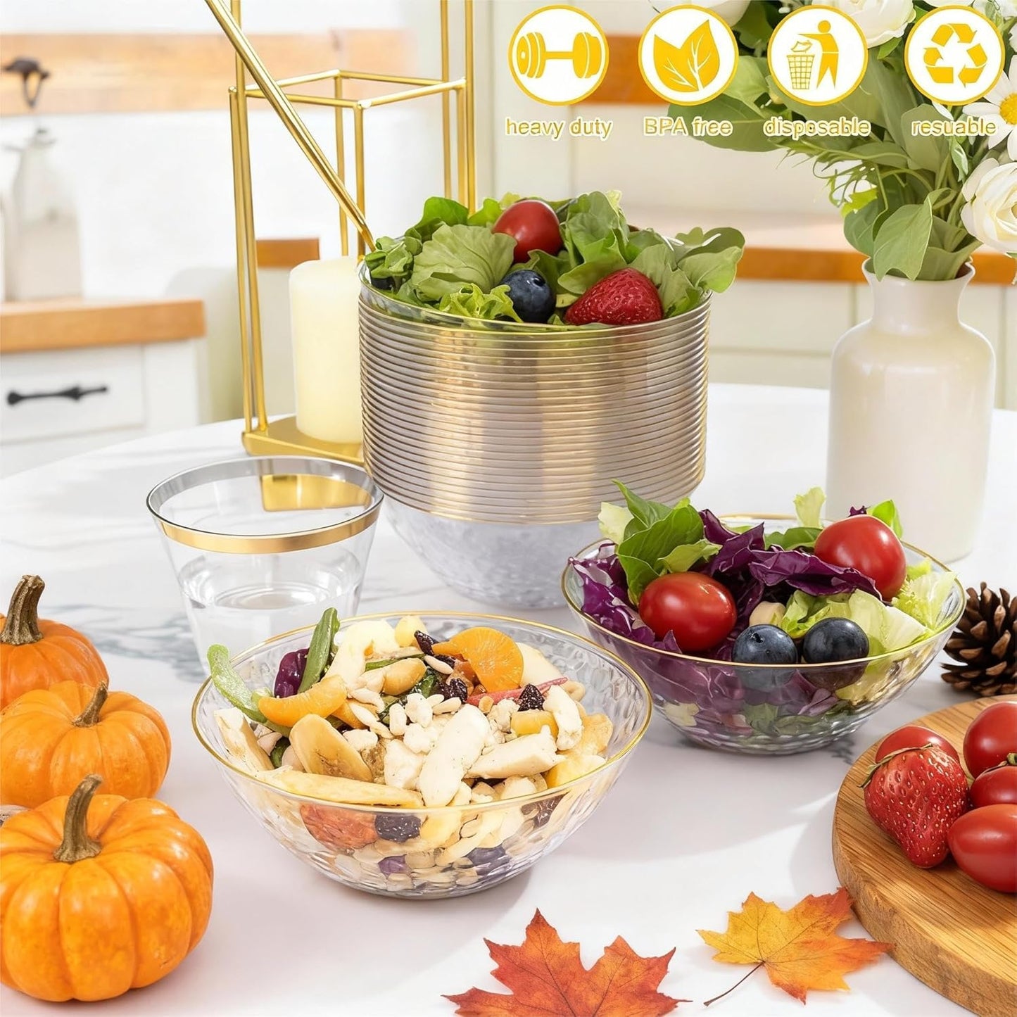 I00000 20 Pack 12 Ounce Clear Plastic Bowls Hammered Gold Rimmed Crystal Like, Heavy duty Disposable Bowl Set,Elegant Soup/Salad/Dessert/Ice Cream Bowls For Thanksgiving Party, Weddings, Catering