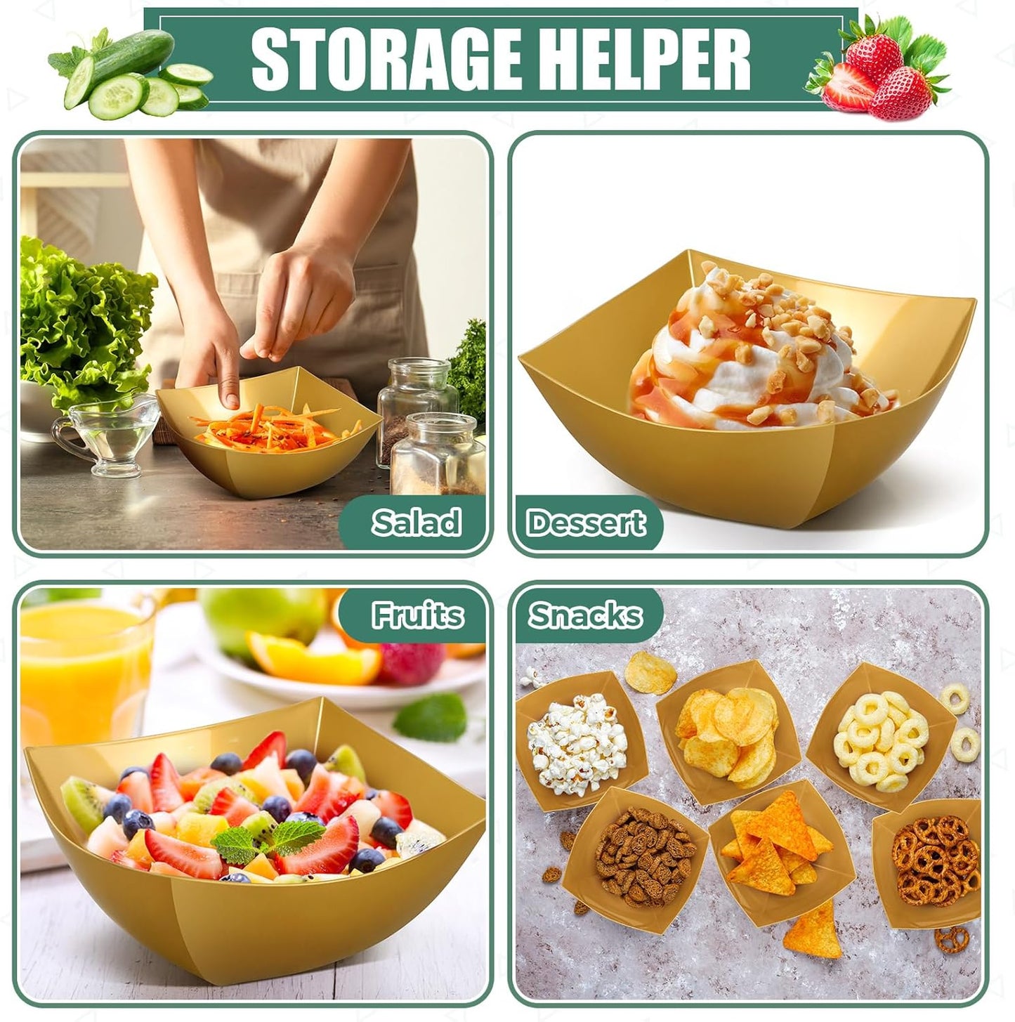 Tanlade 50 Pcs Square Plastic Serving Bowls Disposable Snack Salad Bowl Small Party Candy Bar Containers Taco Bar Serving Dishes for Buffet Chips Fruit(Gold,16 oz)