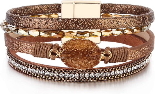 FANCY SHINY Leather Wrap Bracelet Boho Cuff Bangle Bracelets Crystal Bead Bracelet with Magnetic Clasp Jewelry Gifts for Women