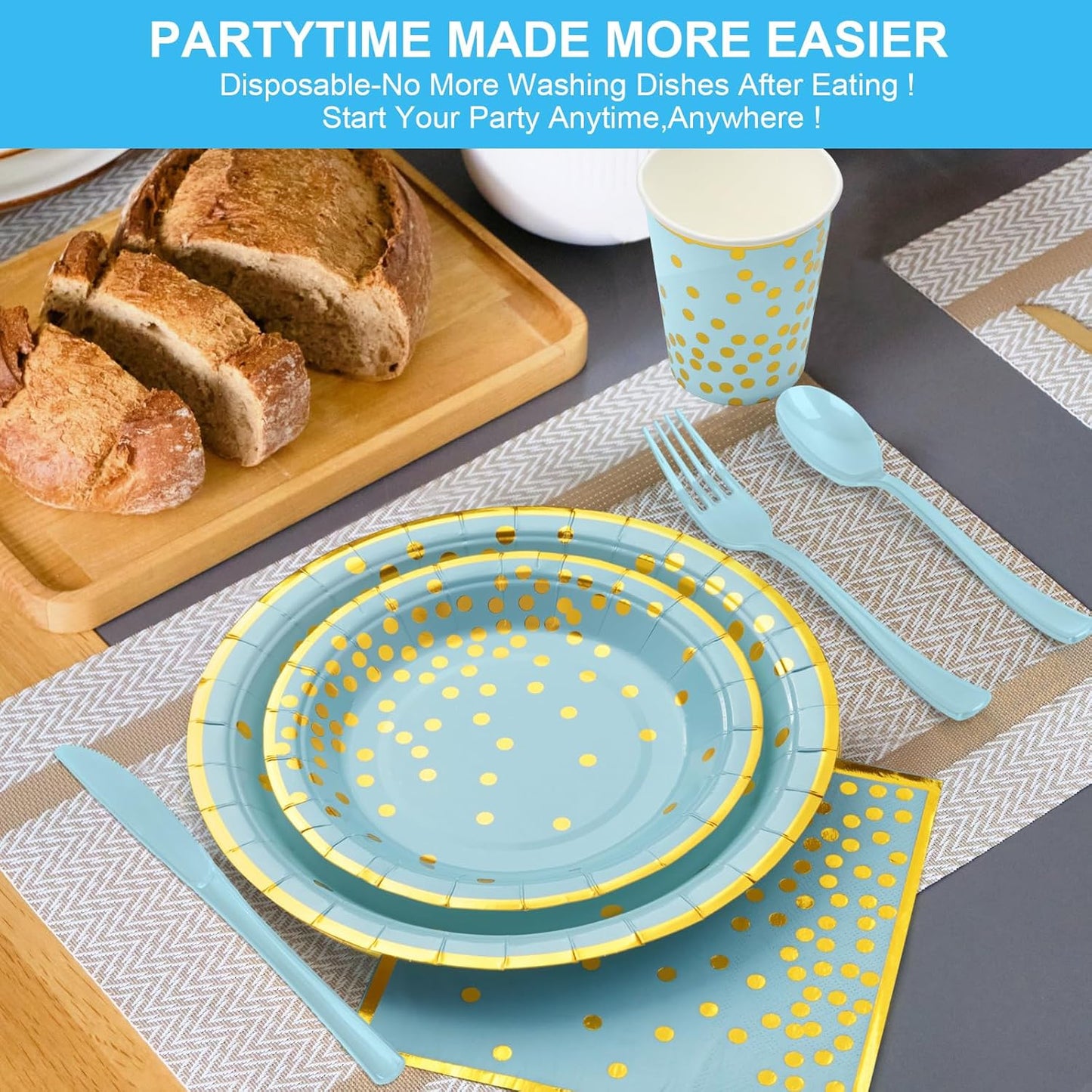 Light Blue and Gold Plates and Napins Party Supplies, Severs 25 Disposable Party Dinnerware Include Forks Knives Spoons Napkins Cups for Birthday, Wedding Baby Shower,Boys Birthday,Anniversary