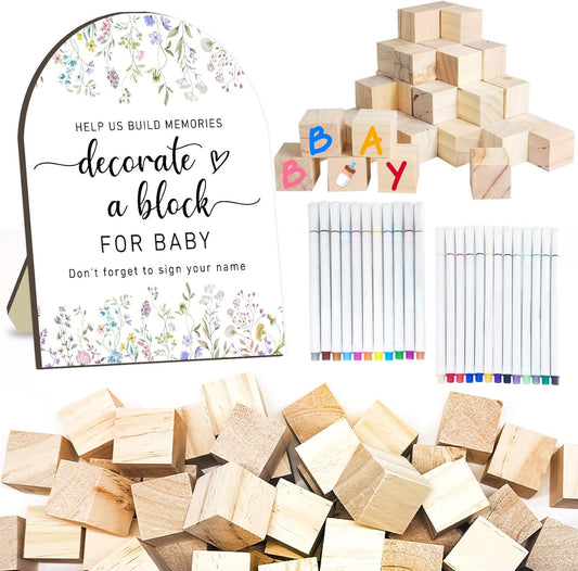 Wildflowers Baby Shower Games Kit, Floral Baby Shower Decor, Floral Baby Shower Games with 50 Blank Wooden Babies Blocks, 24 Acrylic Paint Marker and Wooden Sign, Wildflower Babies Sign for Boys Girls