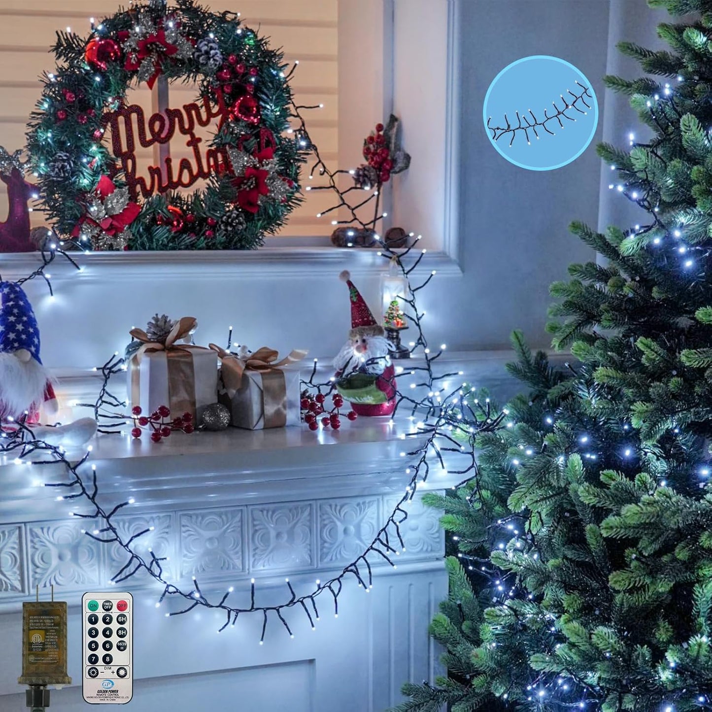 50FT 1000 LED Cluster Christmas Lights, Christmas Tree Lights Outdoor Indoor with 8 Modes & Timer & Remote, Firecrackers String Lights Waterproof for Garland Party Xmas Decorations, Cool White