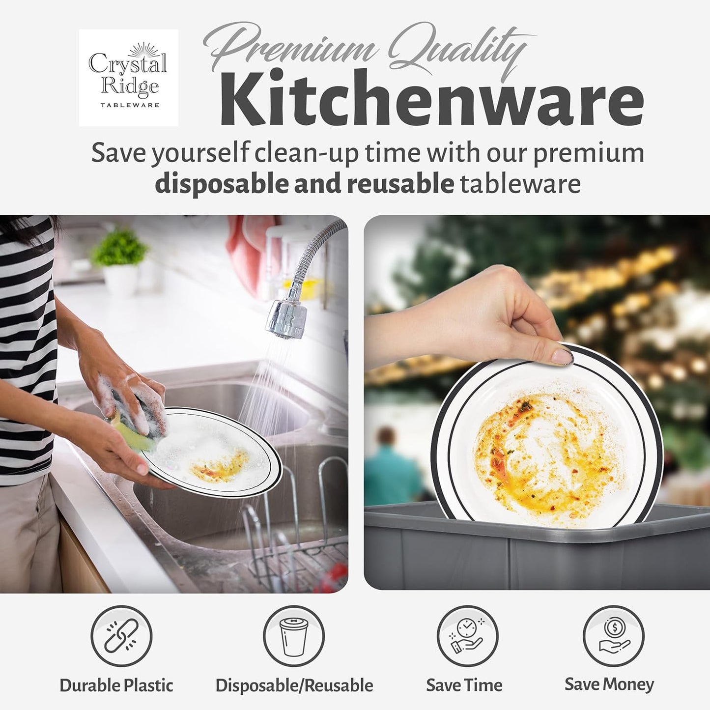 60 Pieces White Plastic Disposable Plates - Premium Heavy-Duty 30 Dinner Plates & 30 Salad Plates with Black Rim Ideal for Party, Birthday and Special Events