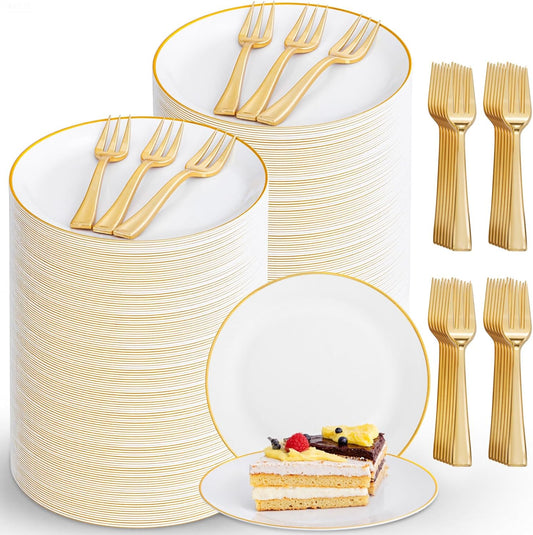 Festiva 400Pcs Gold Dessert Plates 6.3" with Forks 5"- 200PCS Small Disposable Dessert/Cake/Appetizer Plates and 200PCS Forks - Serve 200 Guests for Wedding Party&Thanksgiving&Birthday