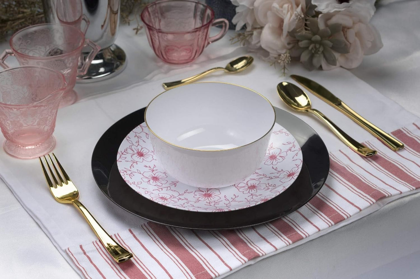 Trendables™ Premium Plastic Bowls, Disposable Food Grade Plastic Bowls - Flora Design - 40 Pack