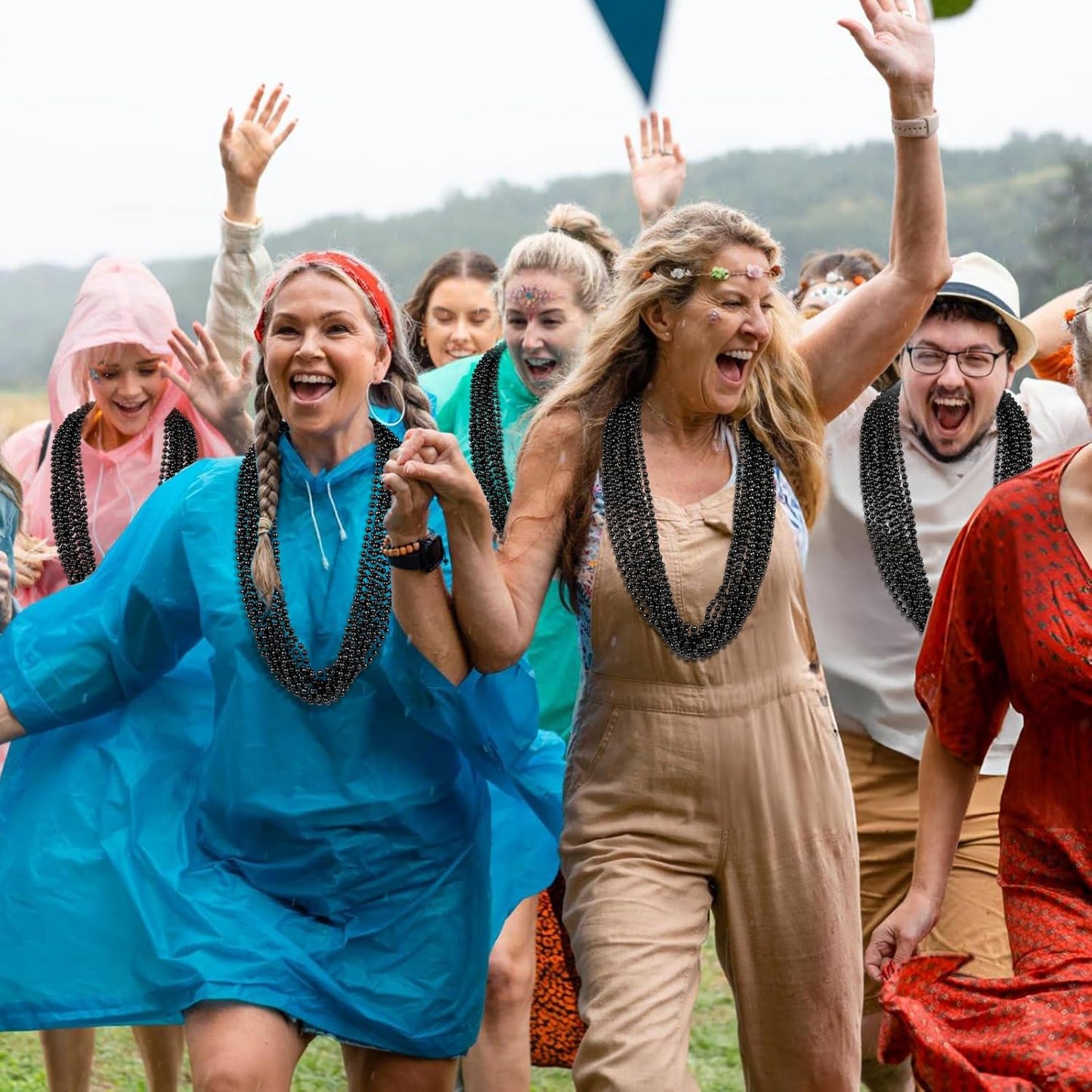 144 PCS Black Bead Necklaces, Black Mardi Gras Beads, New Year Eve Necklaces, 33 Inch Round Halloween Beaded Necklace, Party Beads for Mardi Gras, Christmas, Halloween, New Year Party Favors