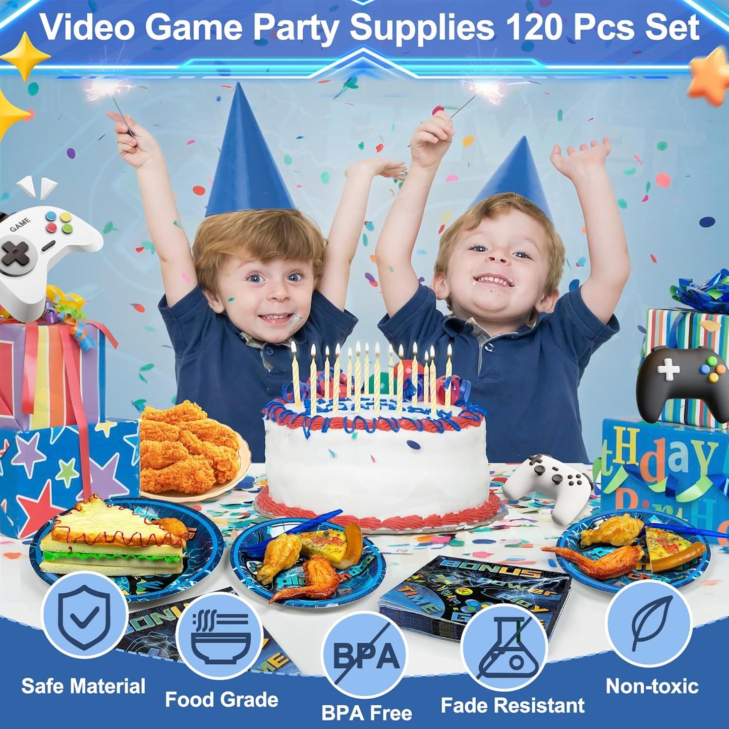 Video Game Party Supplies 120 Pcs Set - Plates, Napkins, Forks, Perfect for Boys Birthday, Baby Shower, Serves 30