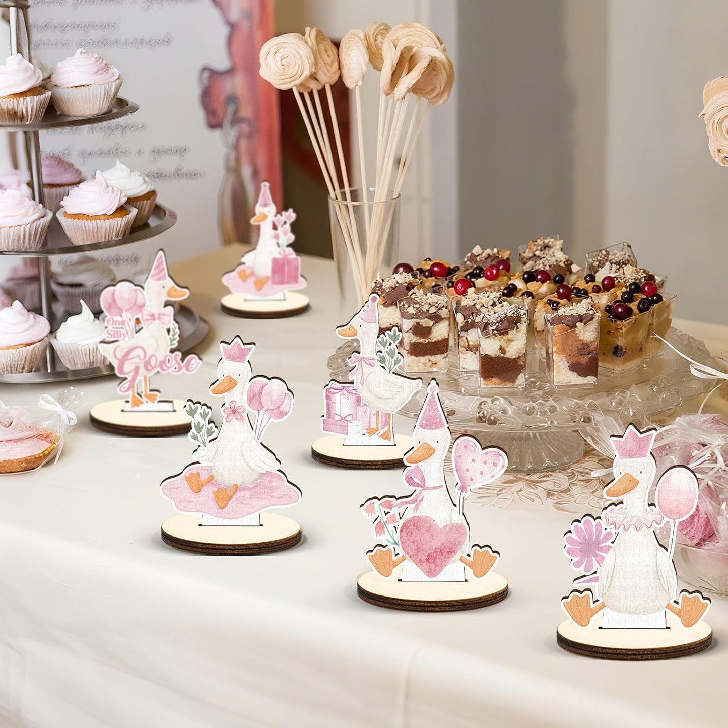 16 Pcs Wooden Baby Shower Table Centerpiece Pink One Silly Goose Tabletop Detachable Sign It's A Girl Gender Reveal Table Toppers Display Decoration 1st Birthday Photo Props Party Favor Supplies