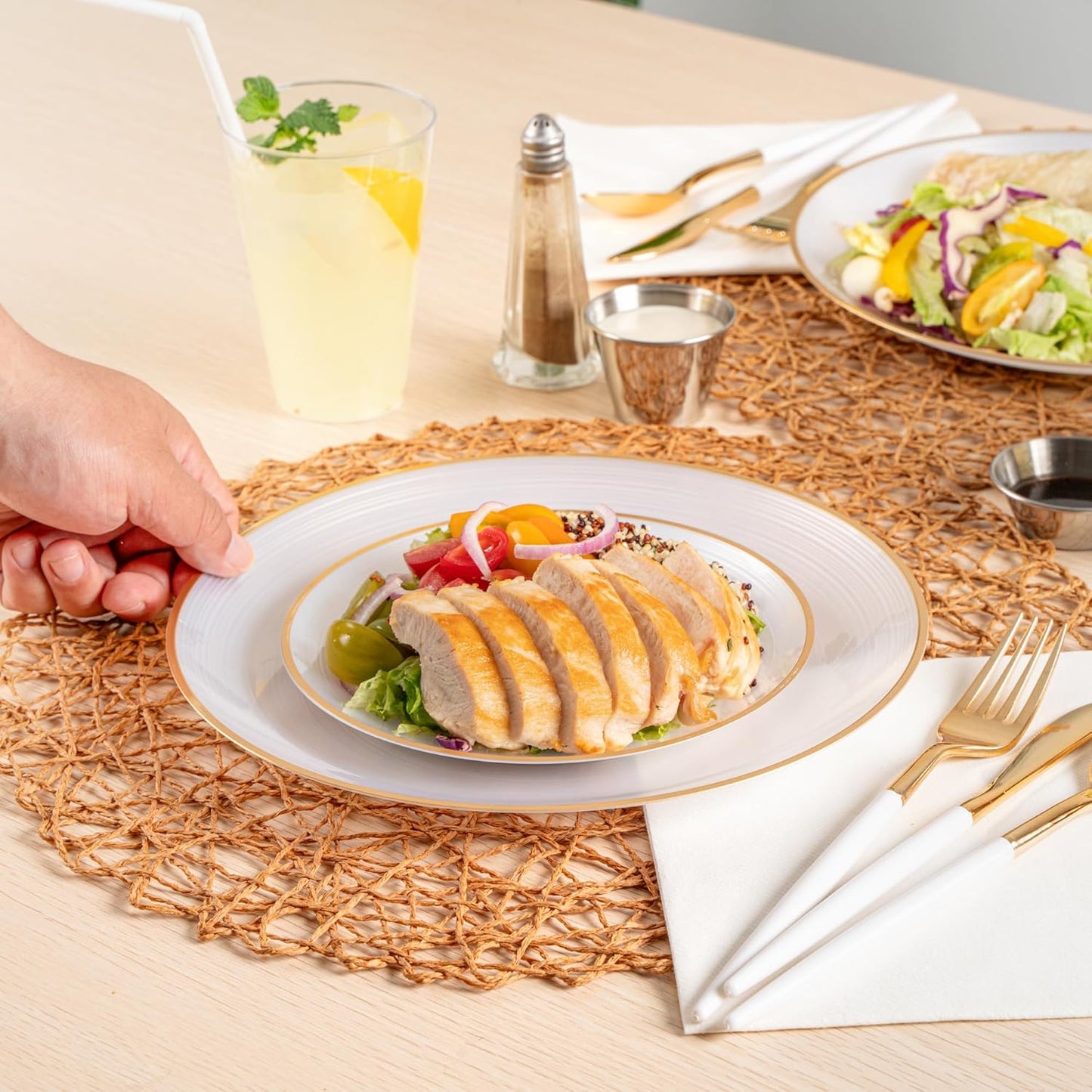 Restaurantware Plastic Plates 40 Pcs 7.13" and 10" Combo Gold Rimmed Plate Set Disposable Heavy-Duty White Translucent Rippled Plastic Dinner Servers for Party, Weddings, Salads, Desserts