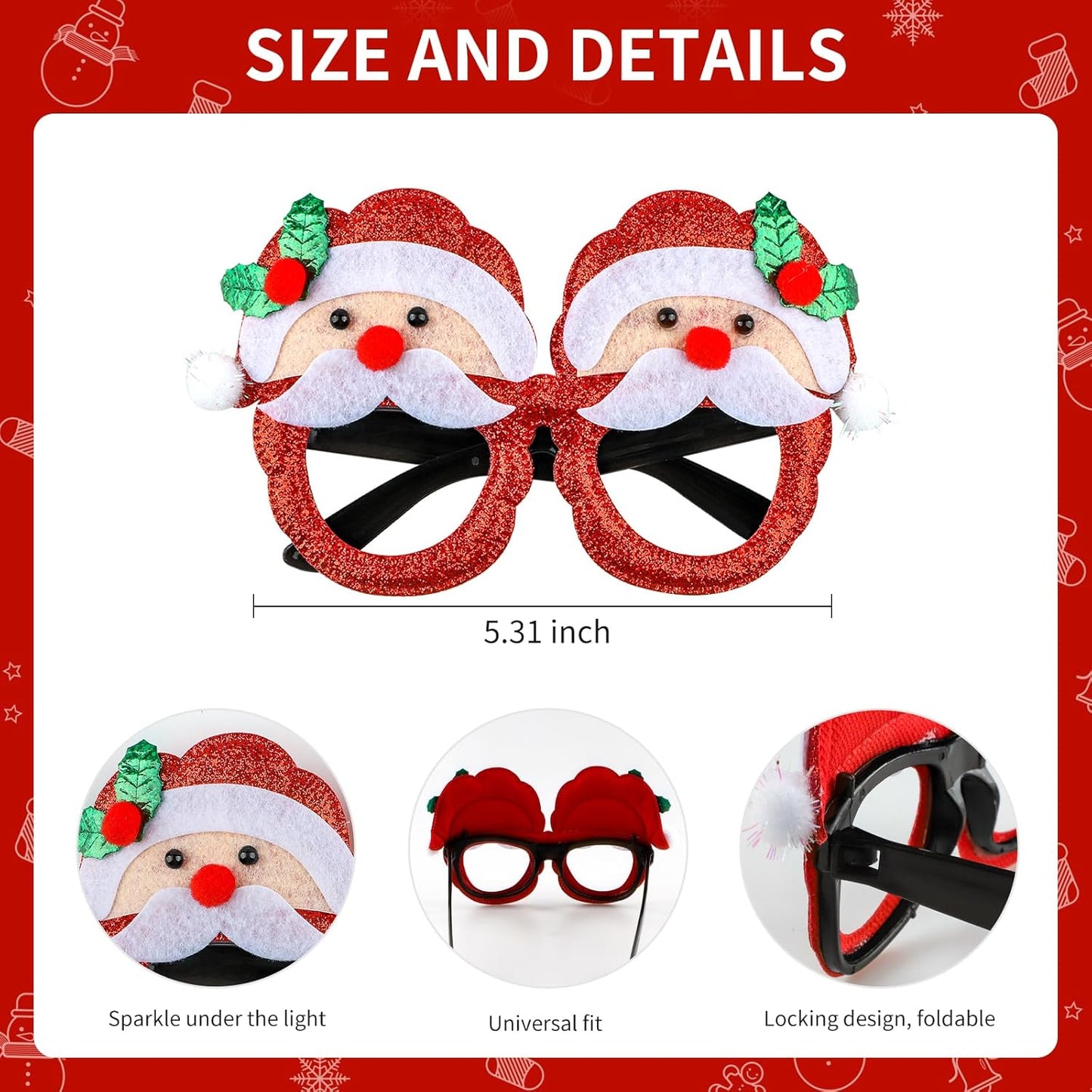 Yunfan 12pcs Christmas Glasses Glitter Party Glasses Frames Xmas Costume Eyeglasses for Cosplay Party Favor Photo Booth (One Size Fits All)