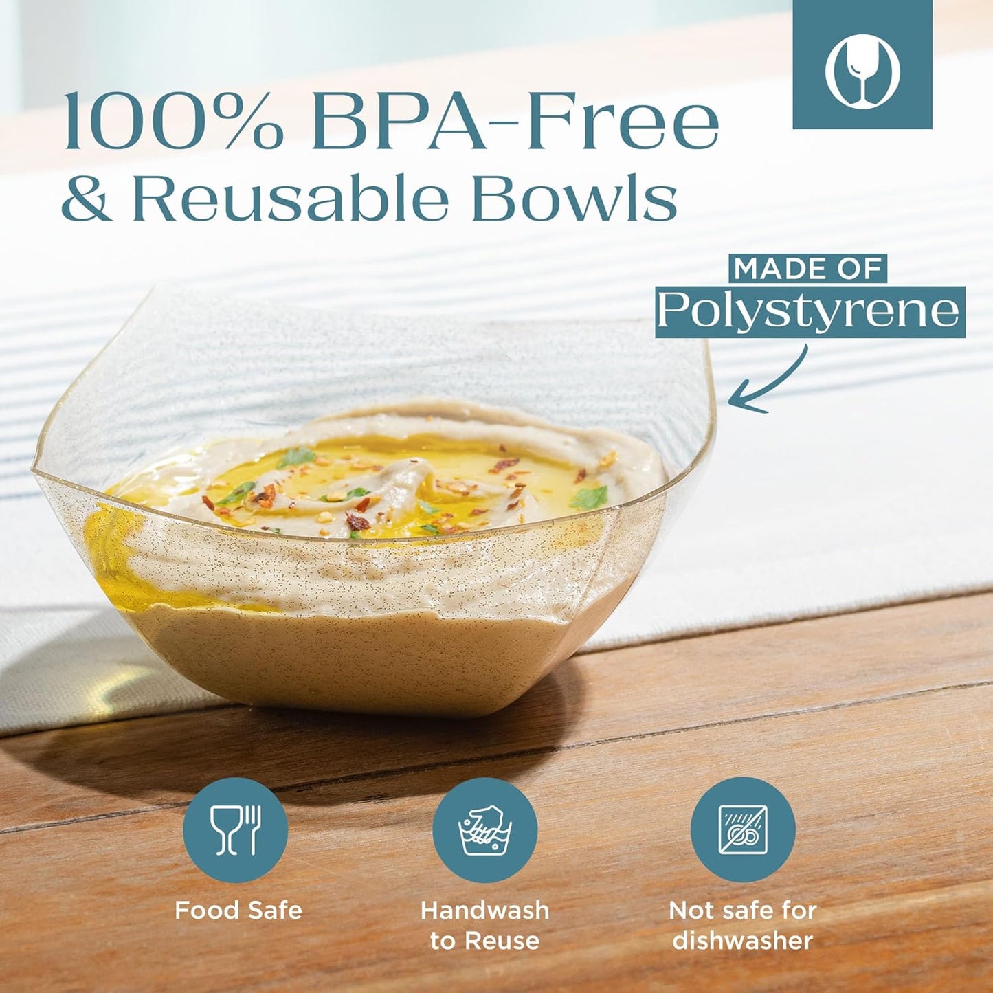 Posh Setting Gold Glitter Plastic Serving Bowls (8oz - 4 Pack) Square Disposable Containers for Party Table, Chips, Candy Buffet, and Salad