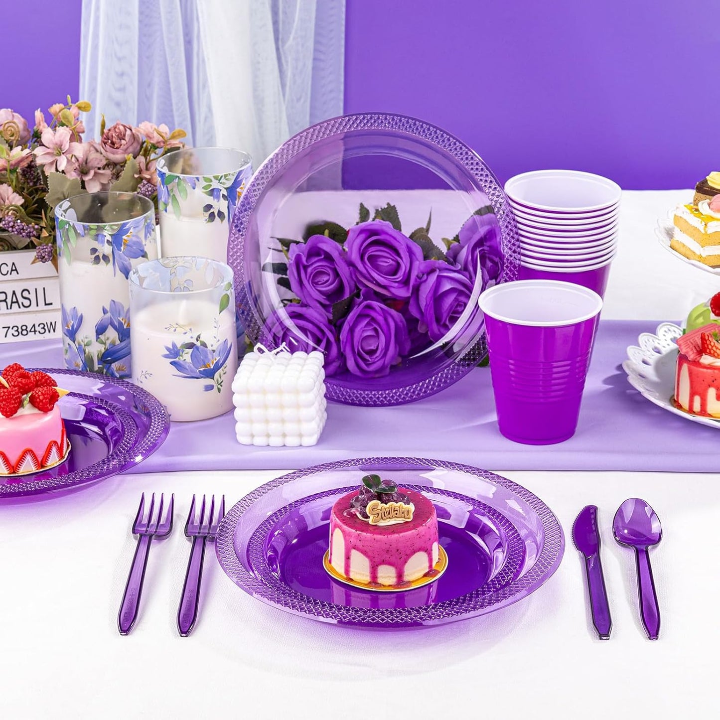 WELLIFE 210Pcs Purple Plastic Plates,Clear Purple Plastic Dinnerware Set,Party Supplies Including Clear Plates, 12OZ Cups, plastic Cutlery and Napkins Serve 30 Guests, Disposable Plates for Party