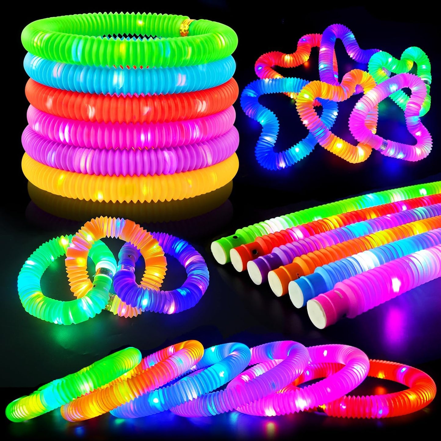 Glow Sticks Stocking Stuffers for Toddlers-6 PCS Light Up Pop Tube Party Favors Toys Gifts for Kids,Christmas LED Bracelet Necklace Accessories,Fun Camping Essentials Games Activities for Boys Girls
