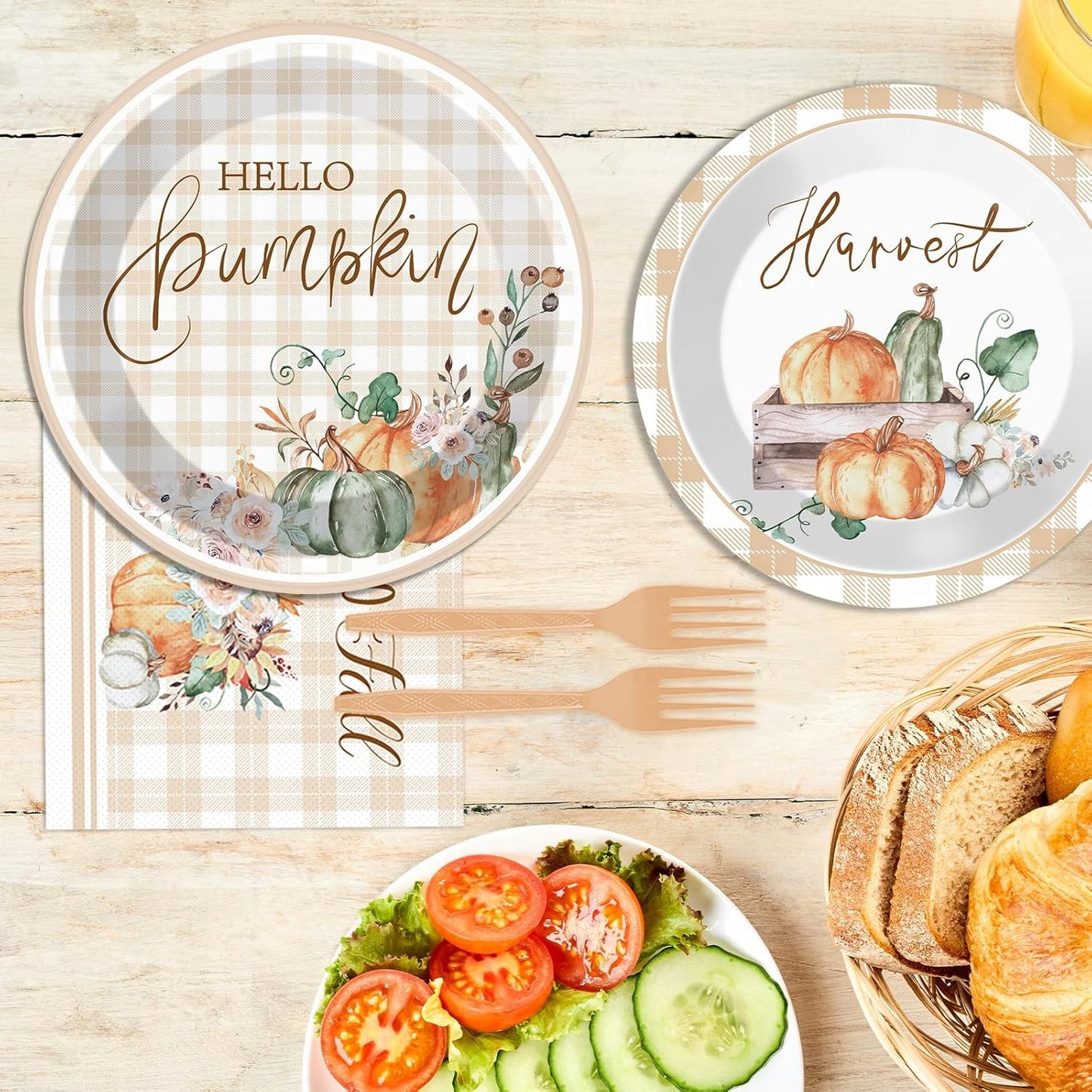 200 PCS Thanksgiving Tableware Disposable Watercolor Fall Pumpkins Party Supplies Buffalo Plaid napkin, Fall Dinnerware Set Happy Autumn Disposable Plates, Thanksgiving Party Decoration Serve 50 guest