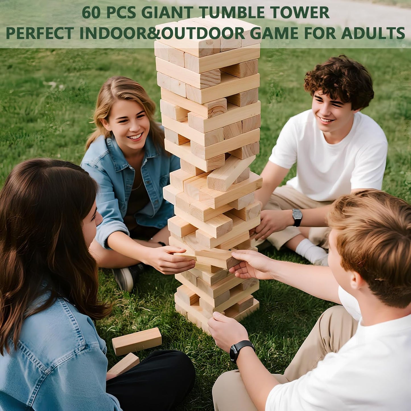 ApudArmis Giant Tumble Tower Stack to Over 5.2Ft, 60 PCS Pine Wooden Stacking Timber Tower,Classic Block Giant Outdoor Indoor Game for Adults, Fun Game at Backyard, Lawn, Party with Family & Friends