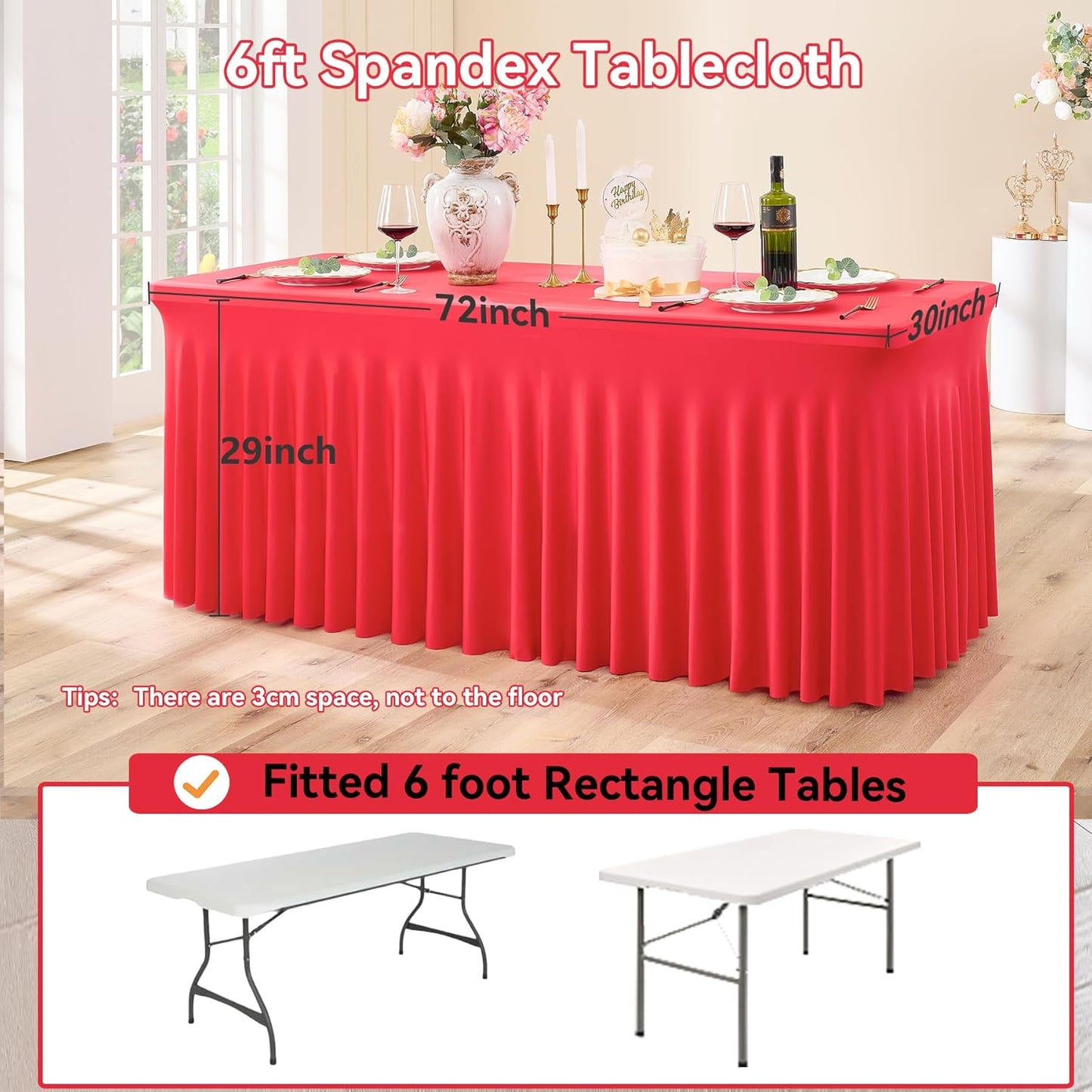 2 pk Red Spandex Tablecloth 6ft with Ruffle Skirt,Wrinkle Free High Stretchy Fitted Tablecloths for 6 Foot Rectangle Tables,Pleated Spandex Table Covers 6ft for Christmas Parties Banquet Weddings
