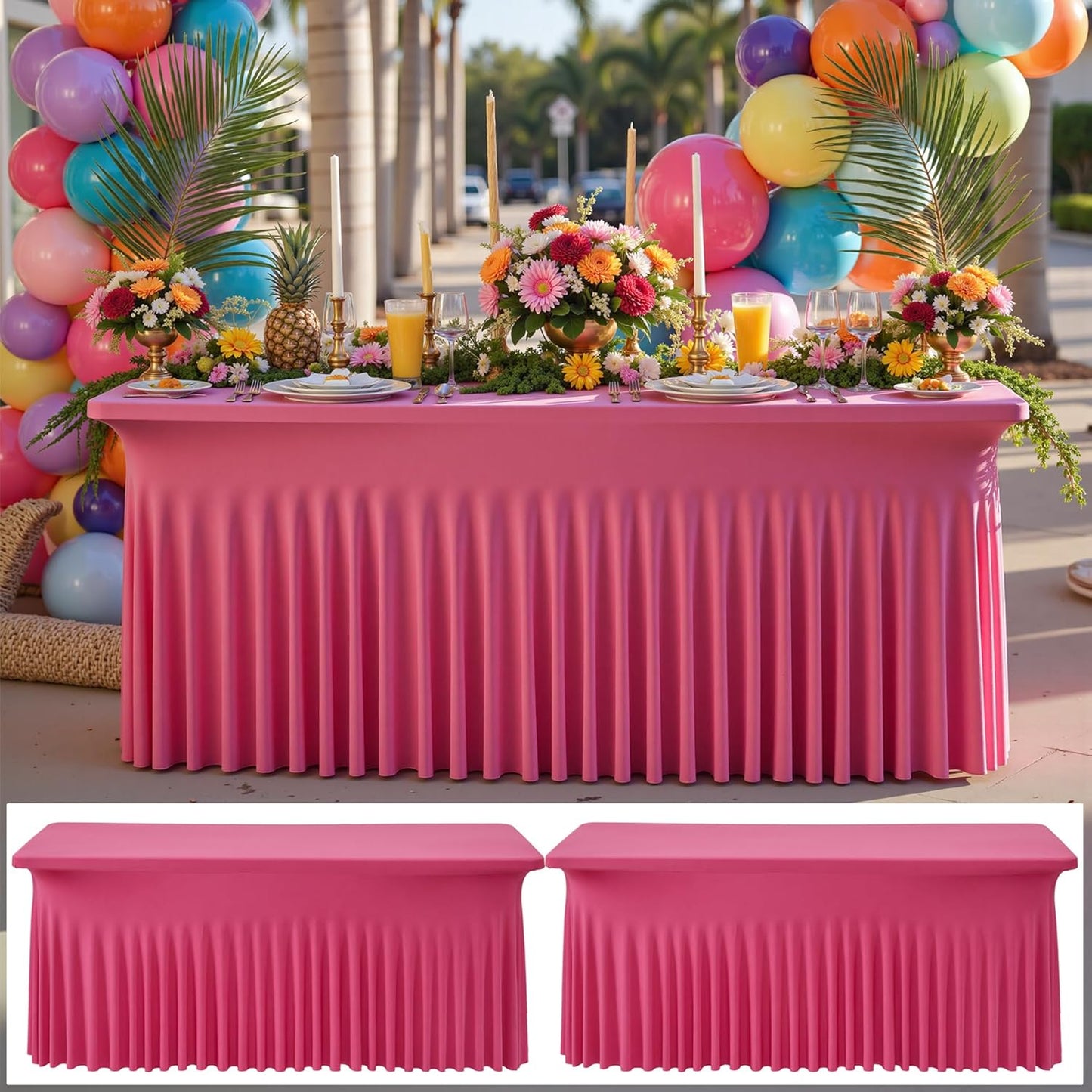 NSSONBEN 2 pk Hot Pink Spandex Tablecloth for 6 Foot Rectangle Tables, Wrinkle Free Fitted Spandex Table Covers 6ft Stretch Table Cloths with Ruffle Skirt for Parties Weddings Banquet Baby Shower