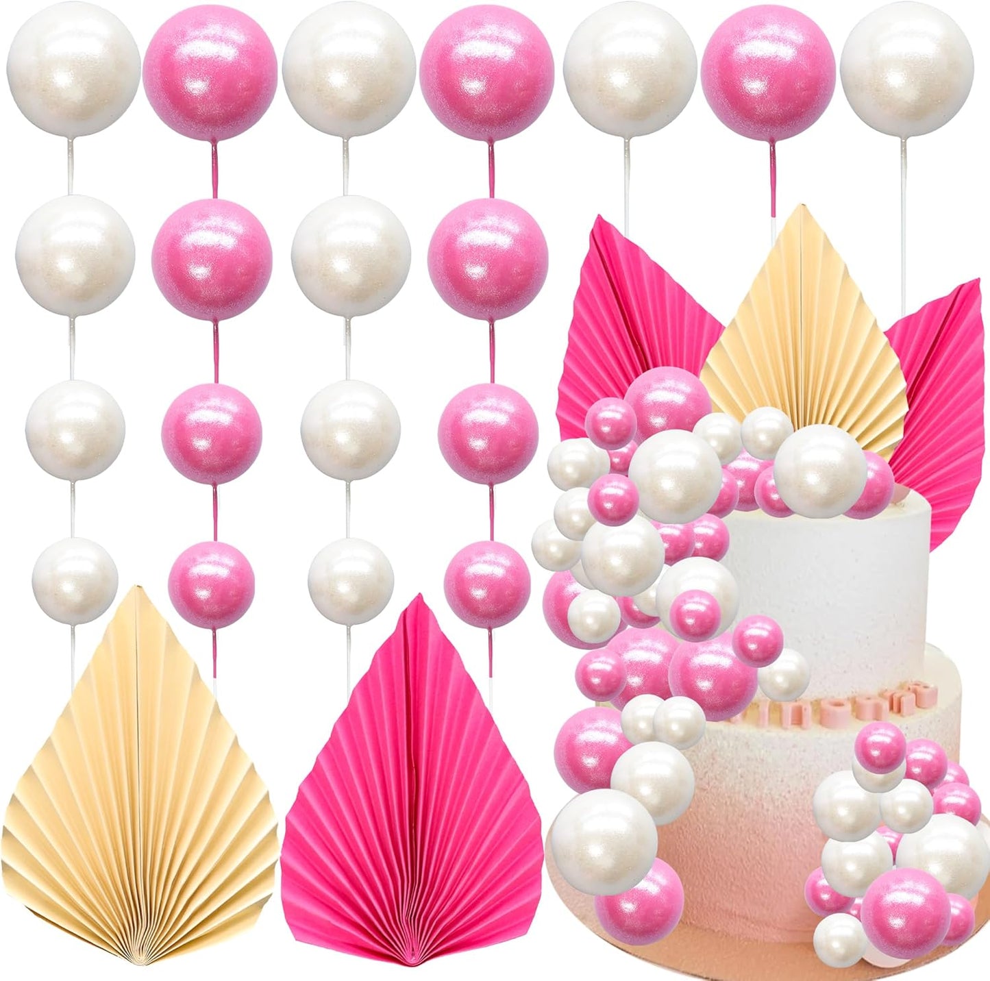 Ephlyn 28Pcs Paper Palm Fan Cake Topper Balls Cake Pick Wedding Bridal Shower DIY Cake Decorations for Baby Shower Wedding Birthday Anniversary Party Supplies White Rose Red