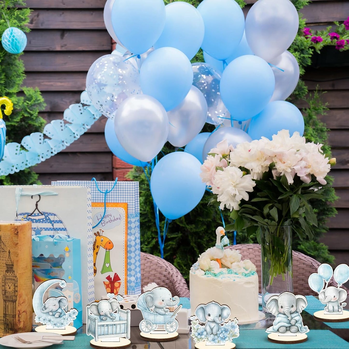 16 Pcs Wooden Baby Shower Table Centerpiece Blue Elephant Tabletop Detachable Sign It's A Boy Gender Reveal Table Toppers Display Decoration Elephant Birthday Photo Props Party Favor Supplies
