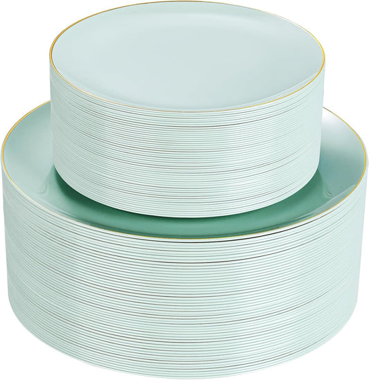 PULOTE 100PCS Sage Green Plastic Plates - Disposable Sage Green Include 50 Dinner / 50 Dessert Plates for Party, Wedding&Easter