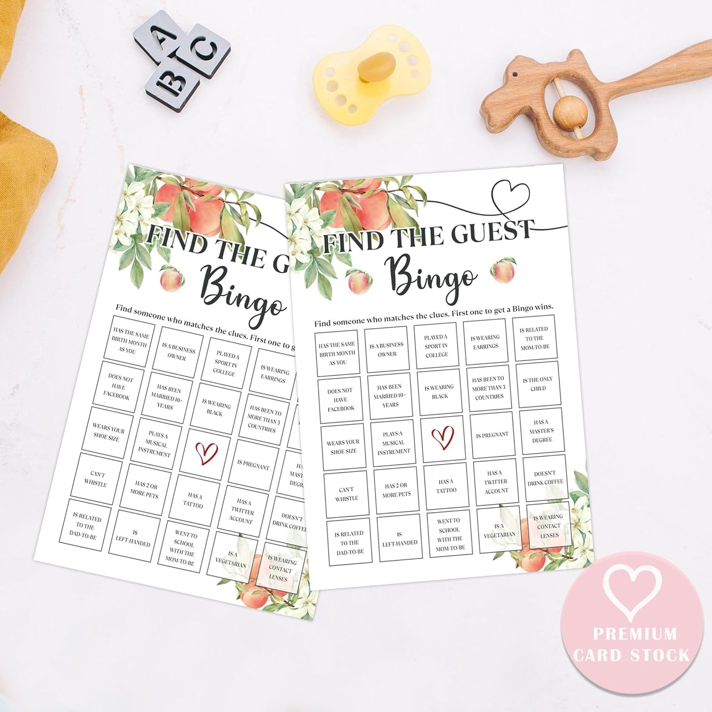 White Floral Peach Find The Guest Bingo Game - Pack of 30 Gender Neutral Boy or Girl Cards - Fun Baby Shower Game and Activity - FA31