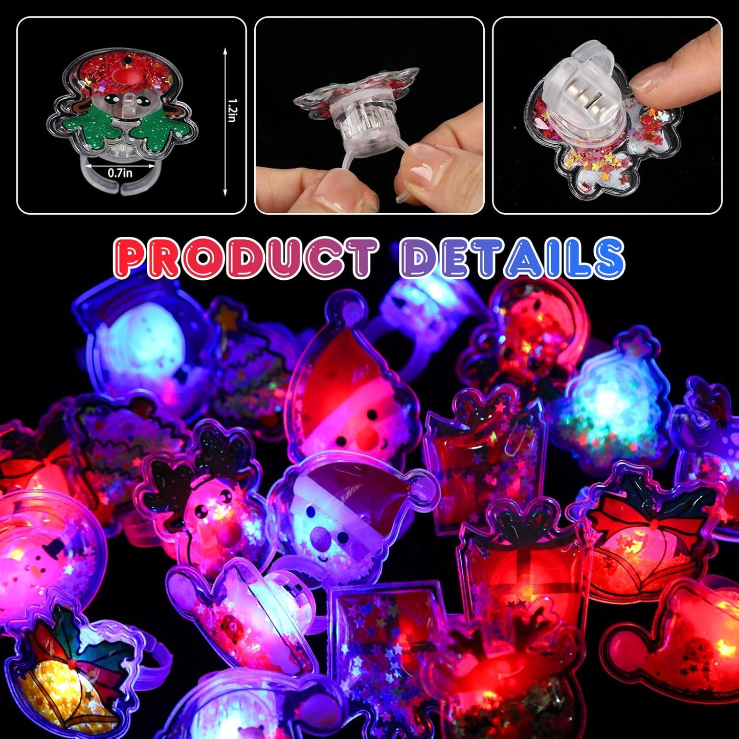 TUWUNA Christmas Party Favors 24 Pcs Glitter Christmas LED Light Up Rings Glowing Finger Rings Toys for Party Supplies Classroom Prizes Pinata Goodie Bag Stocking Stuffers Gifts