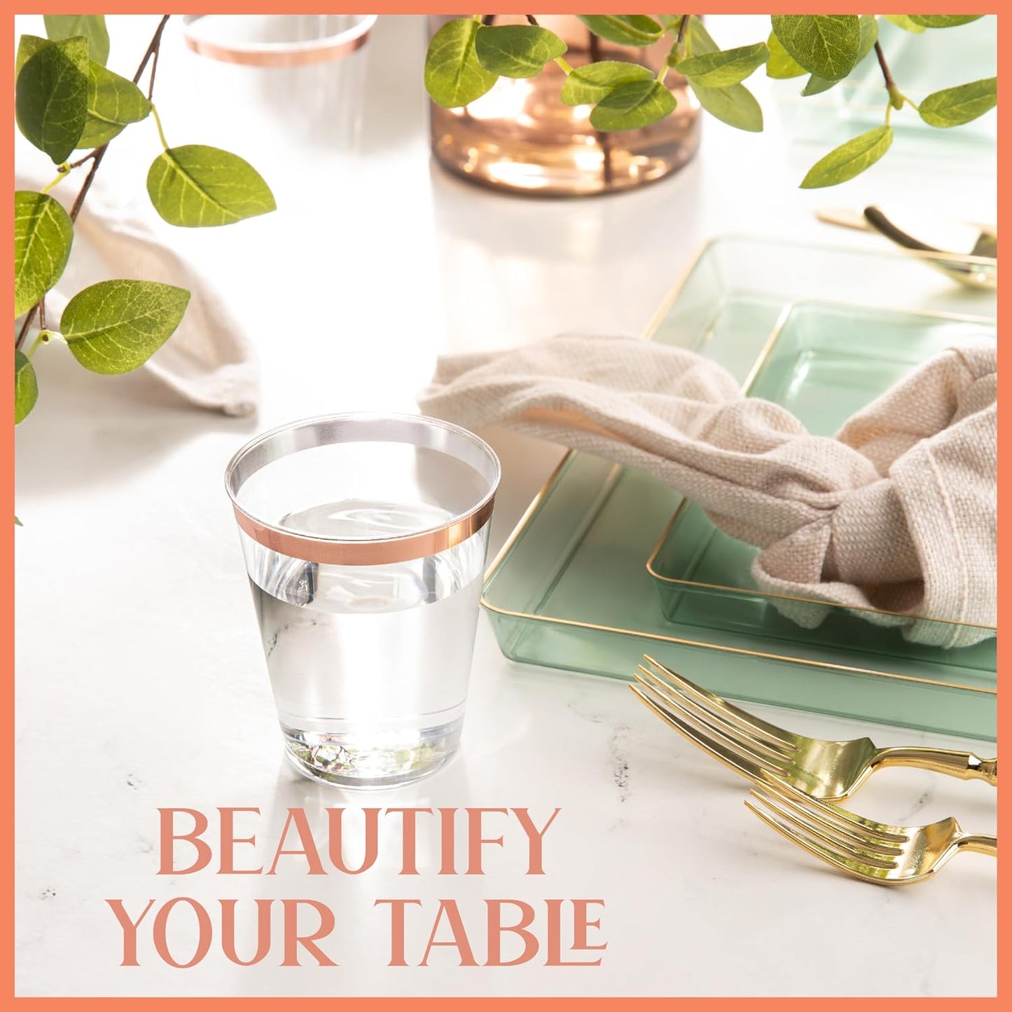 PLASTICPRO Disposable 7 oz Crystal Clear Plastic Tumblers With Rose Gold Rim for Party's & Weddings pack of 100