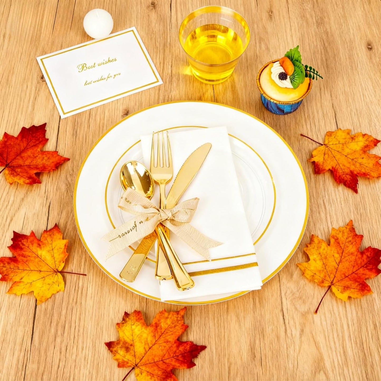 SUT 350 PCS Elegant White and Gold Disposable Dinnerware Set - Premium Dinner & Salad Plates, Cups, Napkins & Cutlery for 50 Guests - All-Inclusive Party Plastic Plates