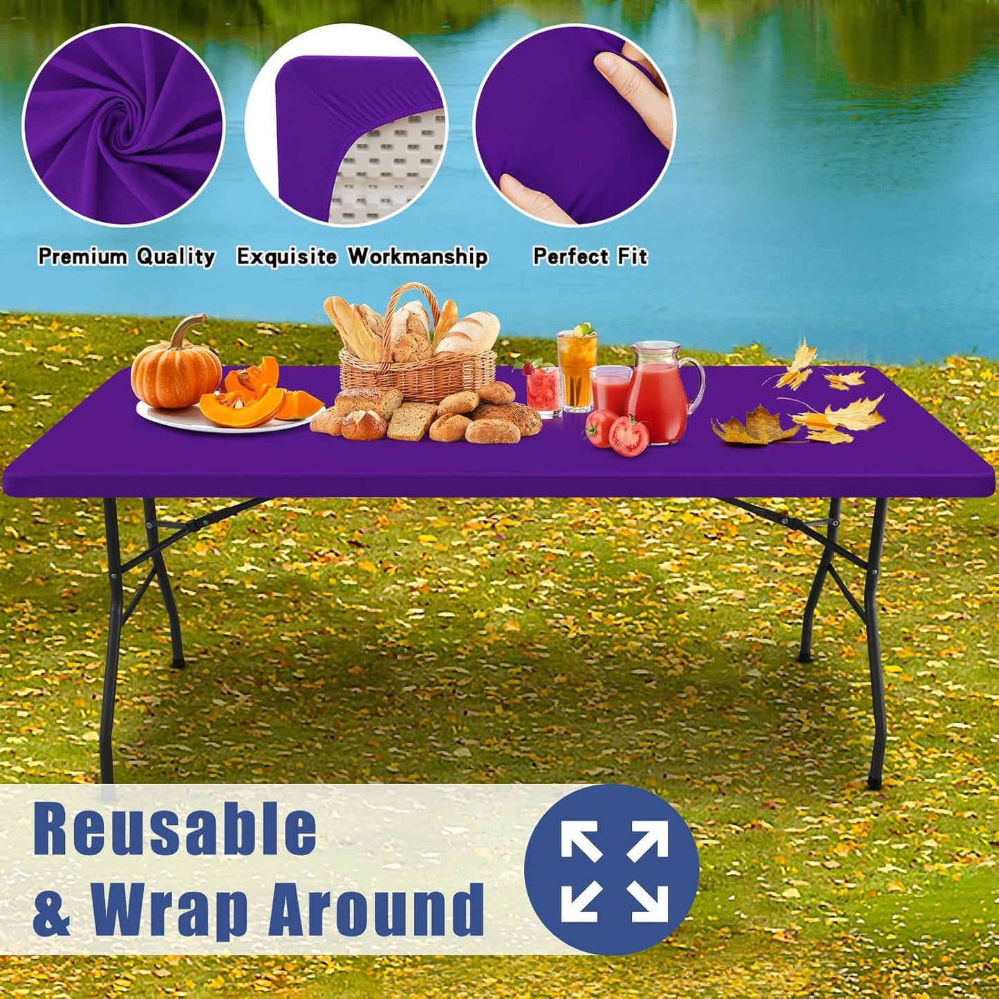 Spandex 8 Foot Rectangle Table Cloth 2 Pack, Elastic Fitted Tablecloths for Picnic, Stretch Washable Patio Table Cover for Outdoor, Camping, Banquet and Parties (Purple, 30"x96")