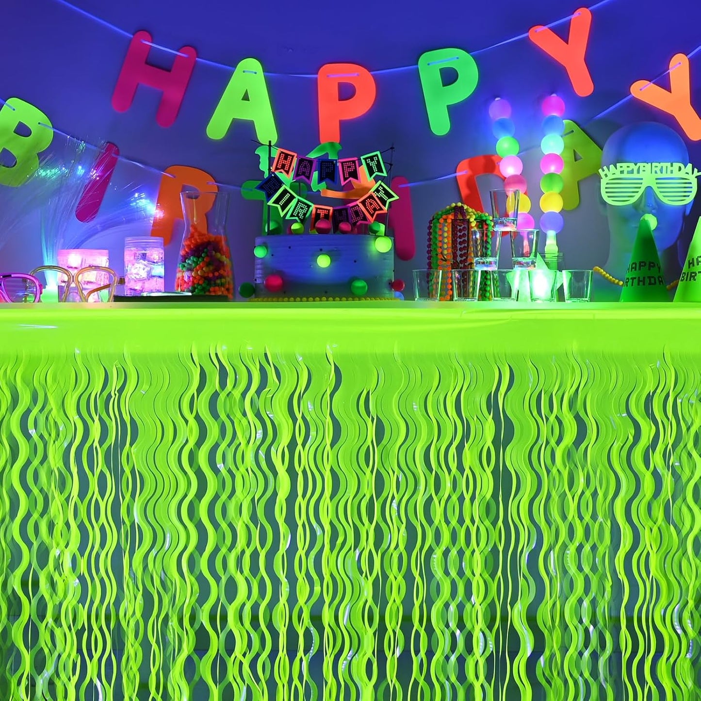 Mega-L Glow in The Dark Party Supplies, 2 Pack Neon Party Decorations Fluorescent Macaron Yellow Wavy Metallic Tinsel Foil Fringe Table Skirts, Perfect Table Decors for Glow Birthday Decor