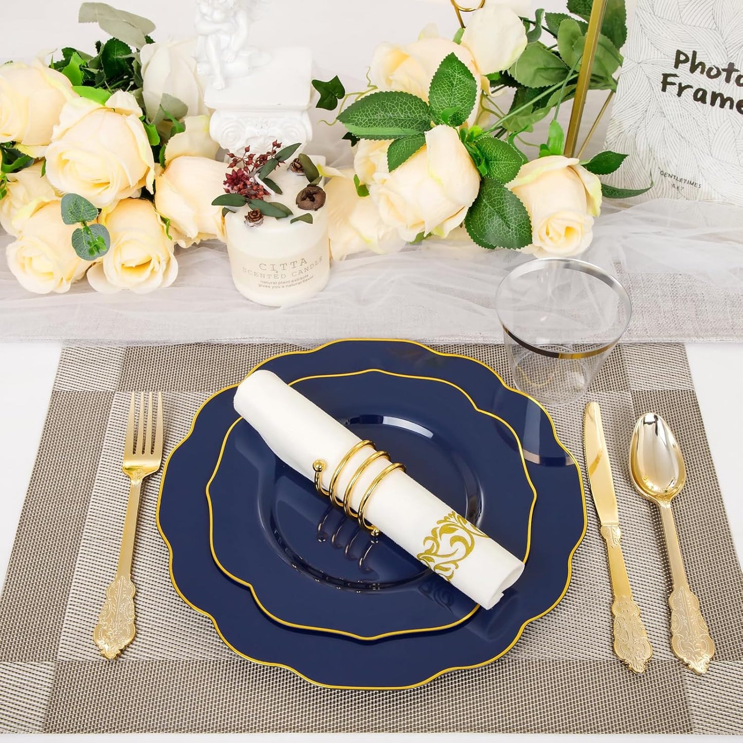 NOCCUR 175PCS Blue Plastic Plates with Disposable Silverware - Include 50 Blue Disposable Plates with Gold Rim,75 Gold Cutlery,25 Cups,25Napkins for Party/Hanukkah/Thanksgiving