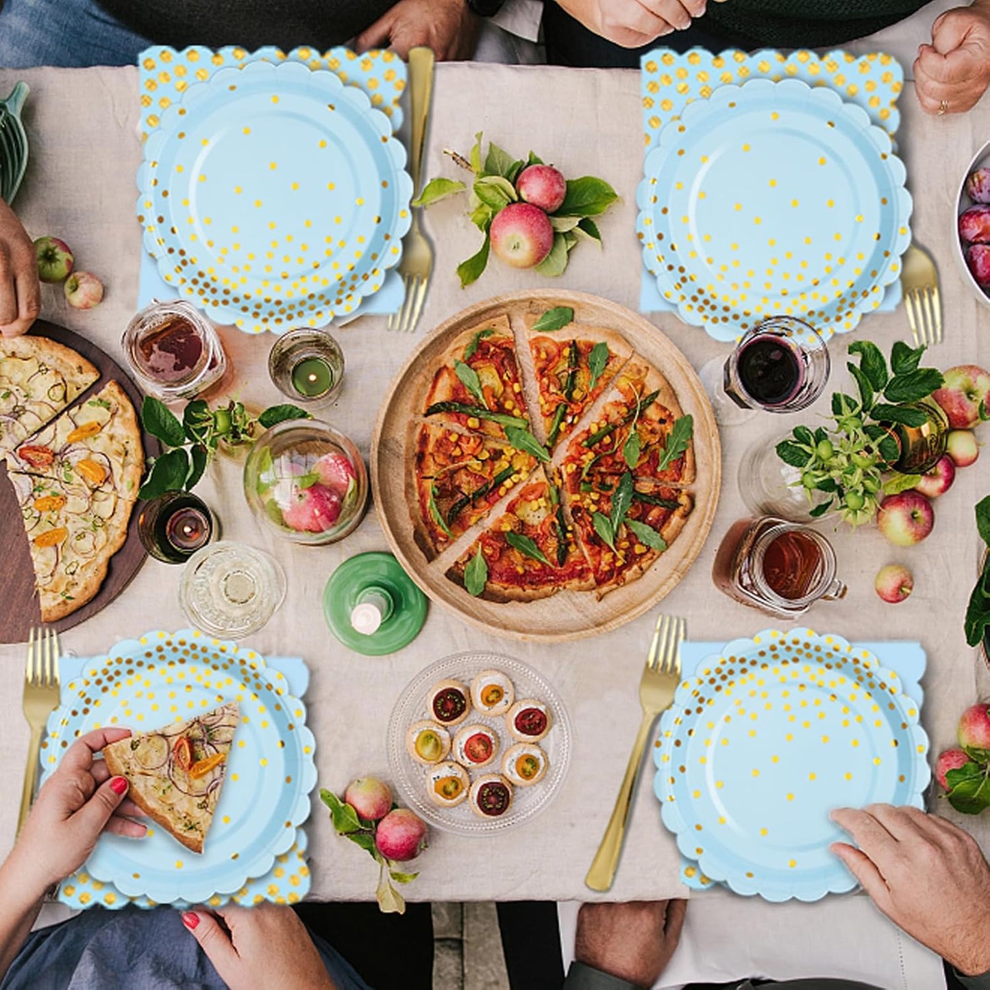 Light Blue Paper Plates and Napkins Party Supplies, Disposable Gold Dot Dessert Plates and Scalloped Napkins for Blue Party Decorations, Serves 35 Guests