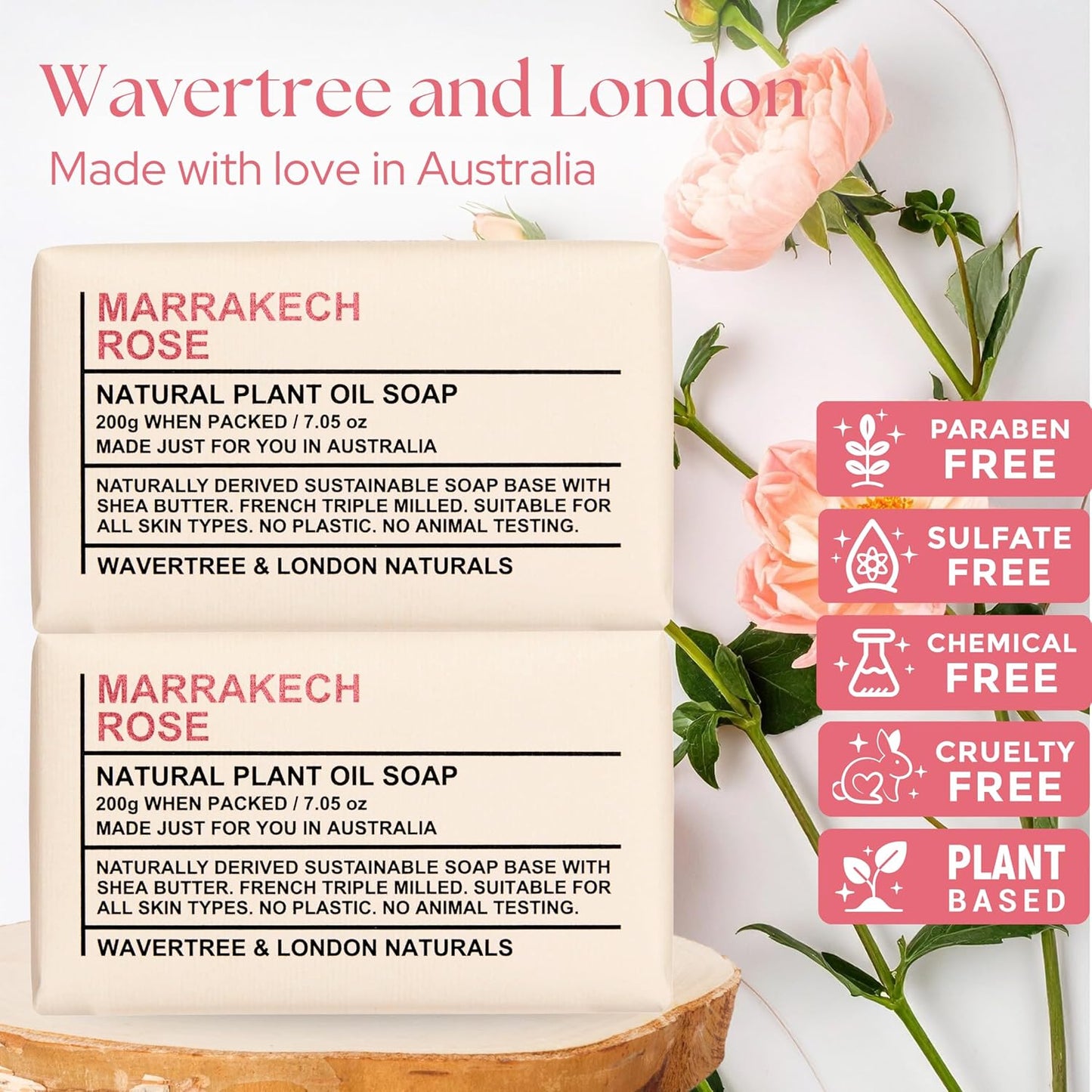 Wavertree & London Marakech Rose Scented Natural Soap Bars (2 Bars), 7oz Moisturizing French Triple Milled Soap enriched with shea butter - Plant Oil Bath & Body Soap Bars [100% Naturally derived]