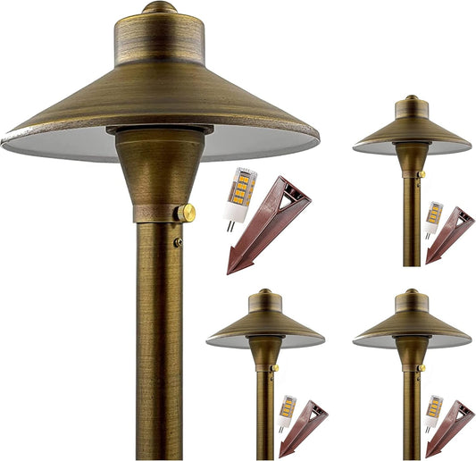 LED Low Voltage Pathway Lights 121- Solid Brass Outdoor Landscape Lights for Garden Pathway & Driveway Outdoor Lighting, 12V Landscape Lighting with Ground Stake & G4 LED Bulb (4 Pack Wide Top 8-1/2")