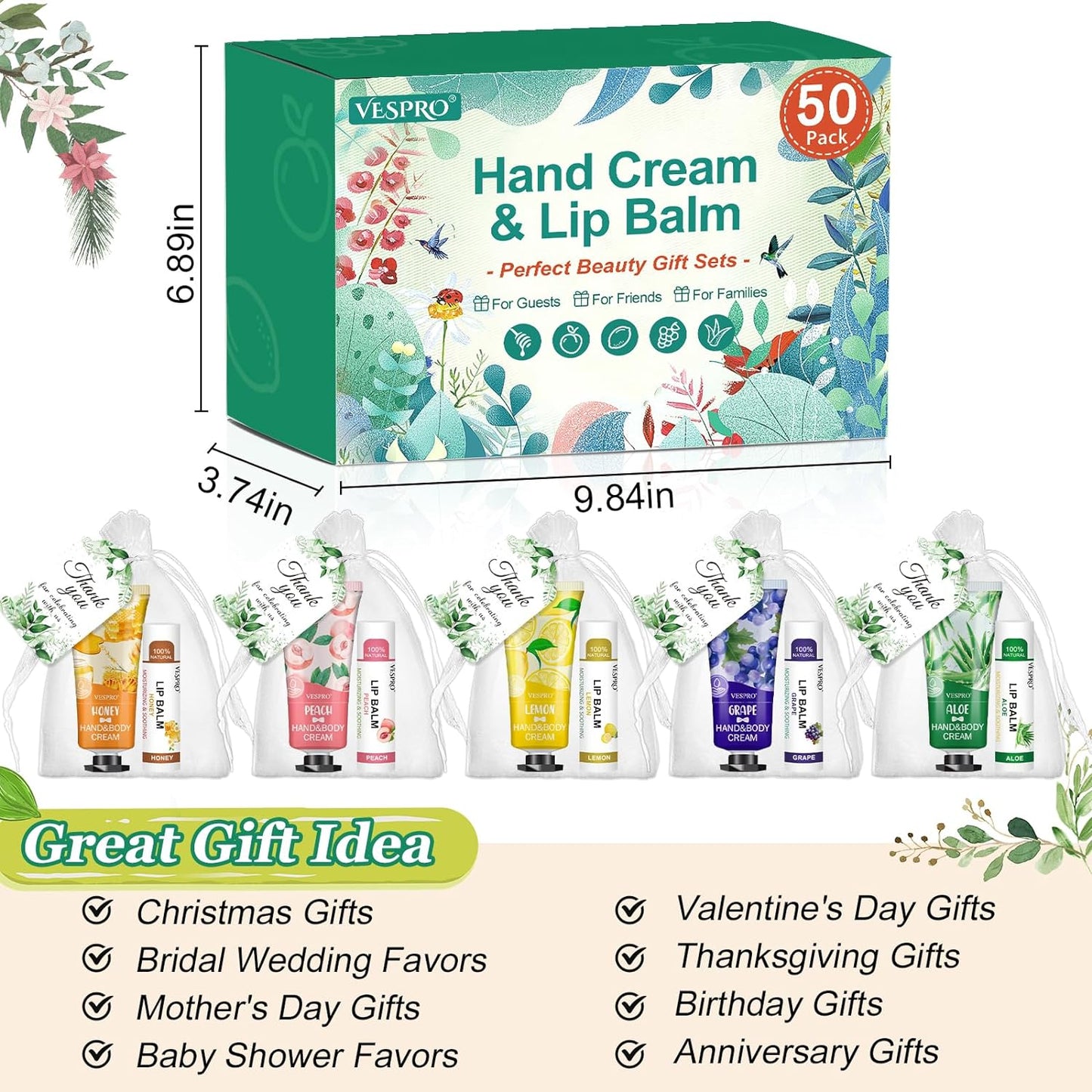 50 Sets Hand Cream Bulk and Lip Balm Bulk Gifts, Stocking Stuffers for Women, Christmas Gifts, Bridesmaid Gifts for Guests with Thank Card Organza Bags, Wedding Favors, Thank You Gifts and Small Gifts