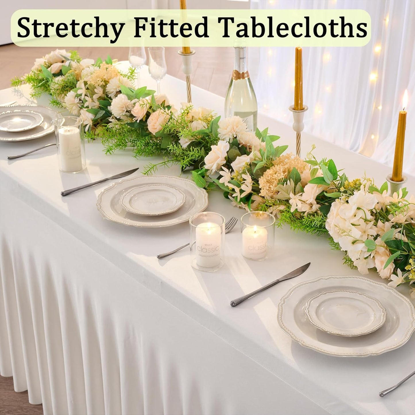 4pk Spandex Ivory Tablecloths for 6 Foot Rectangle Tables, Stretch Table Cloth 6ft Fitted Tablecover Skirt for Parties Weddings Birthday Banquet Baby Shower