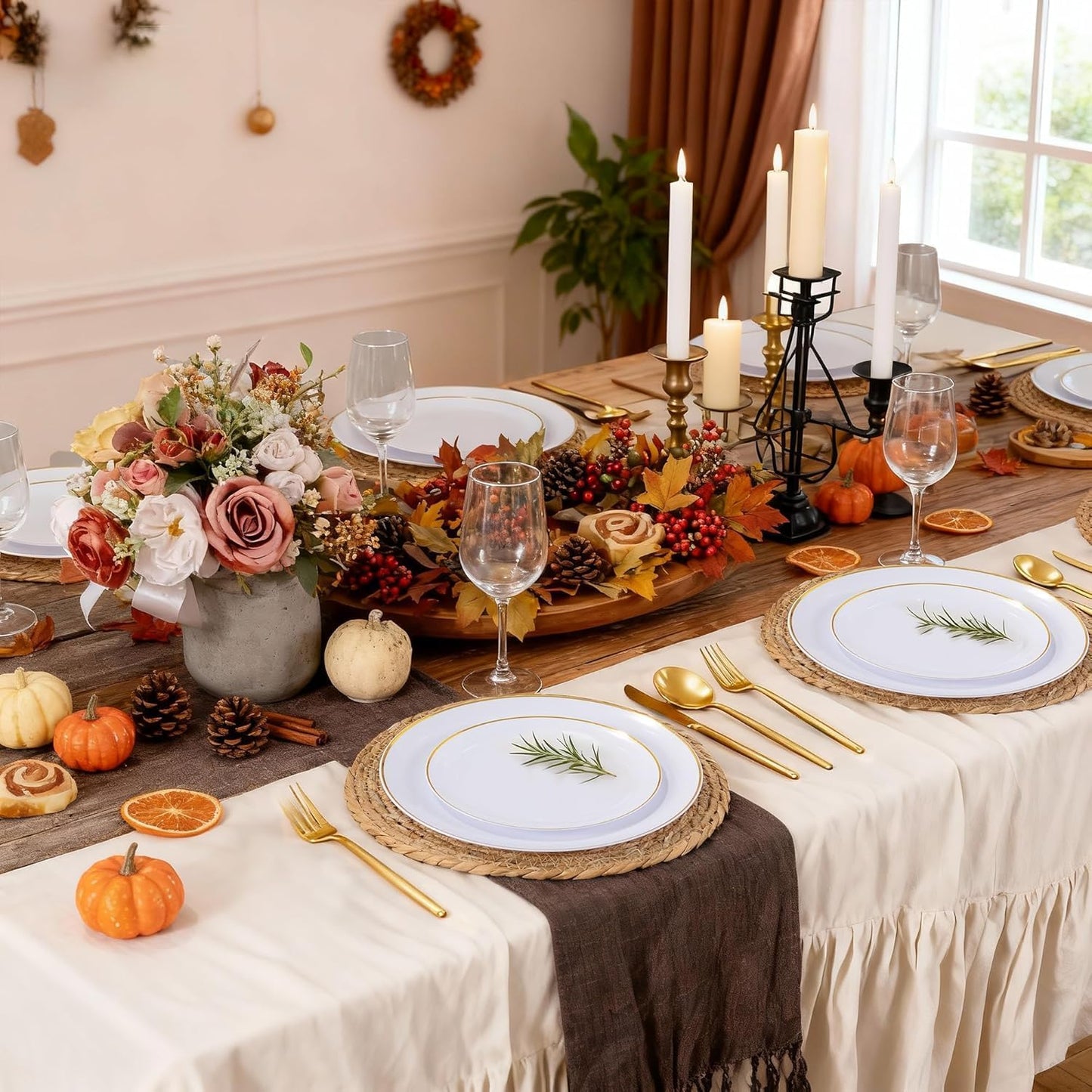 MirthMood 210Pcs Gold Dinnerware Sets, Gold and White Plastic Party Plates, Includes:30 Dinner Plates, 30 Dessert Plates, 30 Paper Towels with 90 Silverware & 30 9oz Cups